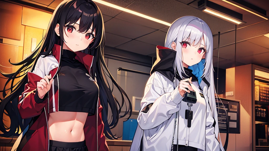 Two girls with long silver hair, twins, red eyes, big breasts, slim body, cool, police officer, black mini quilt skirt, war room