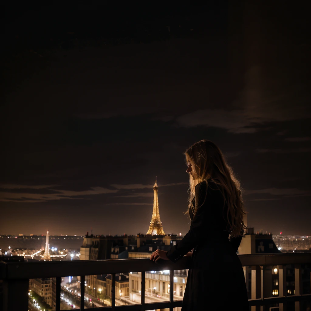 Nighttime photograph featuring a woman with long, wavy blonde hair, wearing a black dress, standing on a balcony. She is facing away from the camera, looking towards the illuminated Eiffel Tower in the distance. The scene is set in an urban environment with classic Parisian architecture, including a multi-story building with balconies and ornate details on the left. The sky is dark, and the Eiffel Tower is brightly lit, creating a striking contrast against the night. The overall mood is serene and contemplative.