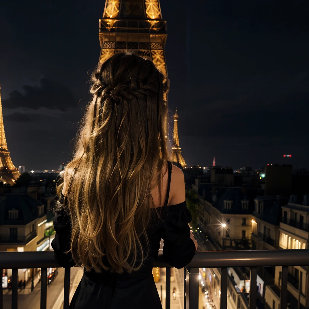 Nighttime photograph featuring a woman with long, wavy blonde hair, wearing a black dress, standing on a balcony. She is facing away from the camera, looking towards the illuminated Eiffel Tower in the distance. The scene is set in an urban environment with classic Parisian architecture, including a multi-story building with balconies and ornate details on the left. The sky is dark, and the Eiffel Tower is brightly lit, creating a striking contrast against the night. The overall mood is serene and contemplative.