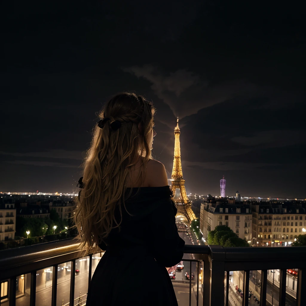 Nighttime photograph featuring a woman with long, wavy blonde hair, wearing a black dress, standing on a balcony. She is facing away from the camera, looking towards the illuminated Eiffel Tower in the distance. The scene is set in an urban environment with classic Parisian architecture, including a multi-story building with balconies and ornate details on the left. The sky is dark, and the Eiffel Tower is brightly lit, creating a striking contrast against the night. The overall mood is serene and contemplative.