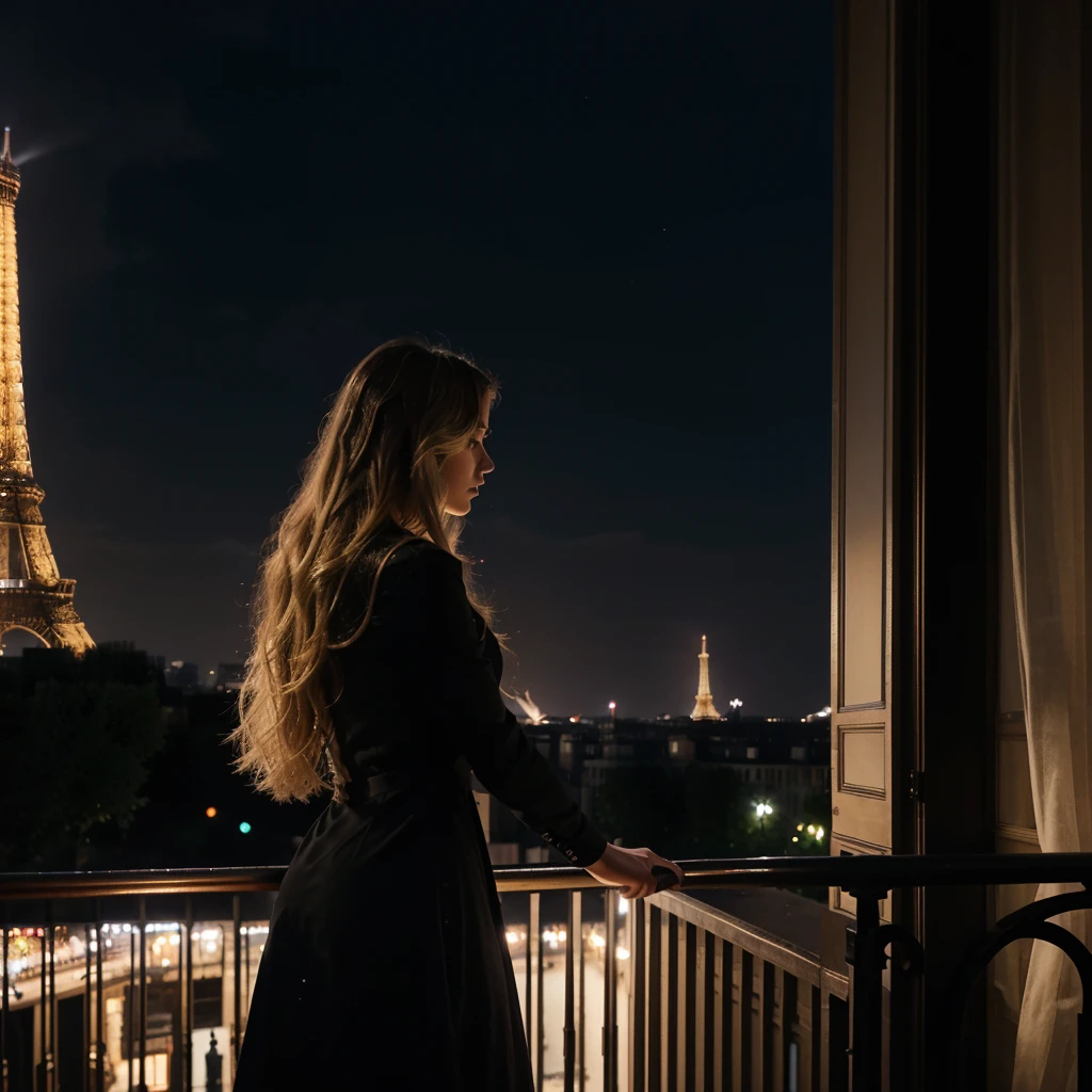 Nighttime photograph featuring a woman with long, wavy blonde hair, wearing a black dress, standing on a balcony. She is facing away from the camera, looking towards the illuminated Eiffel Tower in the distance. The scene is set in an urban environment with classic Parisian architecture, including a multi-story building with balconies and ornate details on the left. The sky is dark, and the Eiffel Tower is brightly lit, creating a striking contrast against the night. The overall mood is serene and contemplative.