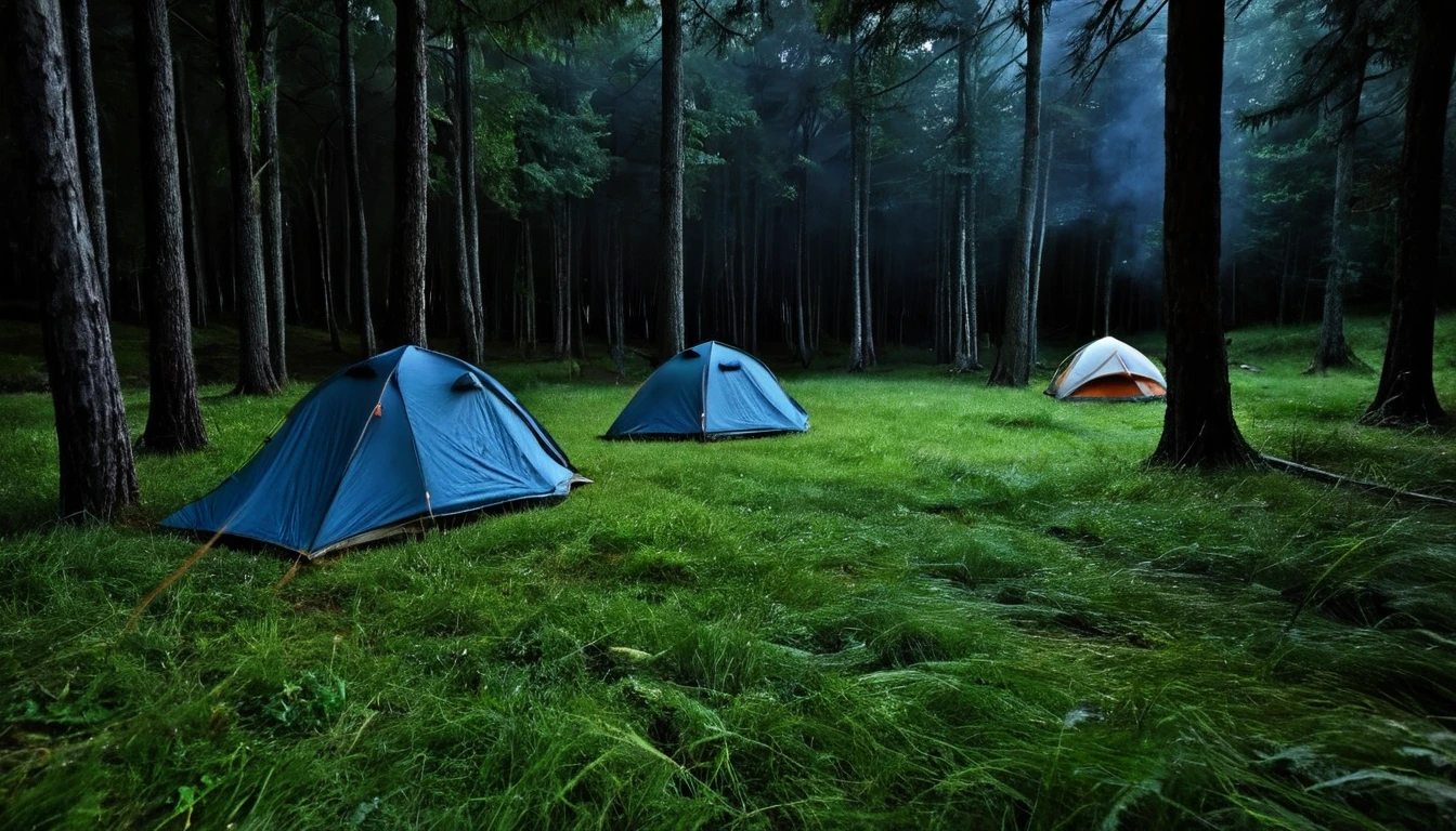 forest, dark night, two lonely camping tents on the grass between trees, bonfire, tense atmosphere