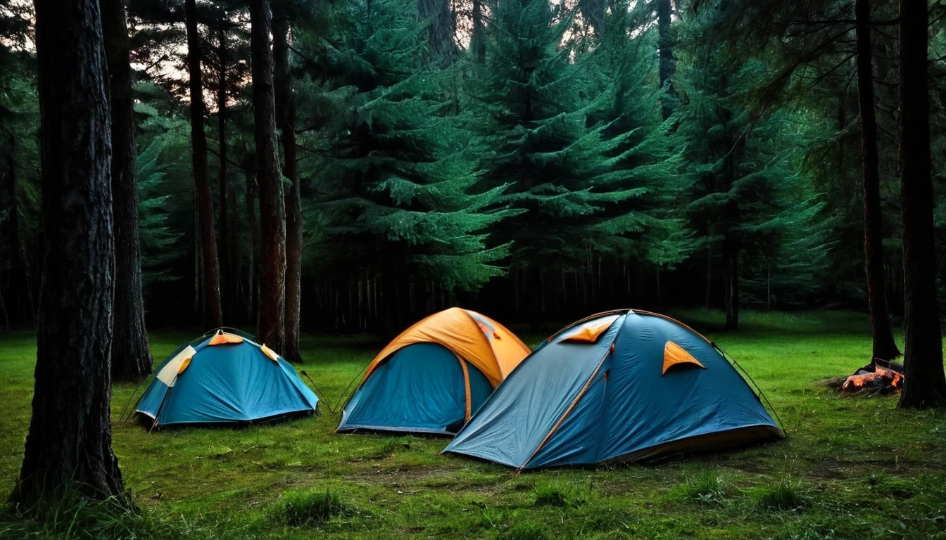 forest, dark night, two lonely camping tents on the grass between trees, bonfire, tense atmosphere