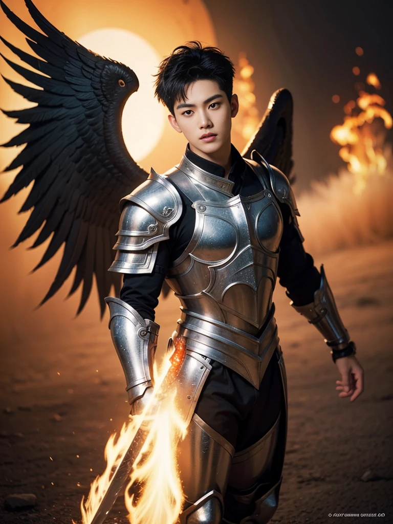 A asian boy like Mighty Archangel Michael, 20-29 years old, handsome, kpop idol actor, many jawline, manly chin, Full Body Shoot, (eyes contact), detailed facial parts, Manly, bare chest, 
Quiff haircut :: high detail, is in highly detailed battle armor, holding a detailed flaming blue sword of golden pearls, detailed fingers, a flaming sacred aura radiating from his body, stylish model pose, moon background, surreal, fantasy, magical, intricate details, depth of field. Best quality, masterpiece, ultra high resolution, (anime realism, photorealistic: 1.4), perfect composition, centered, symmetry 