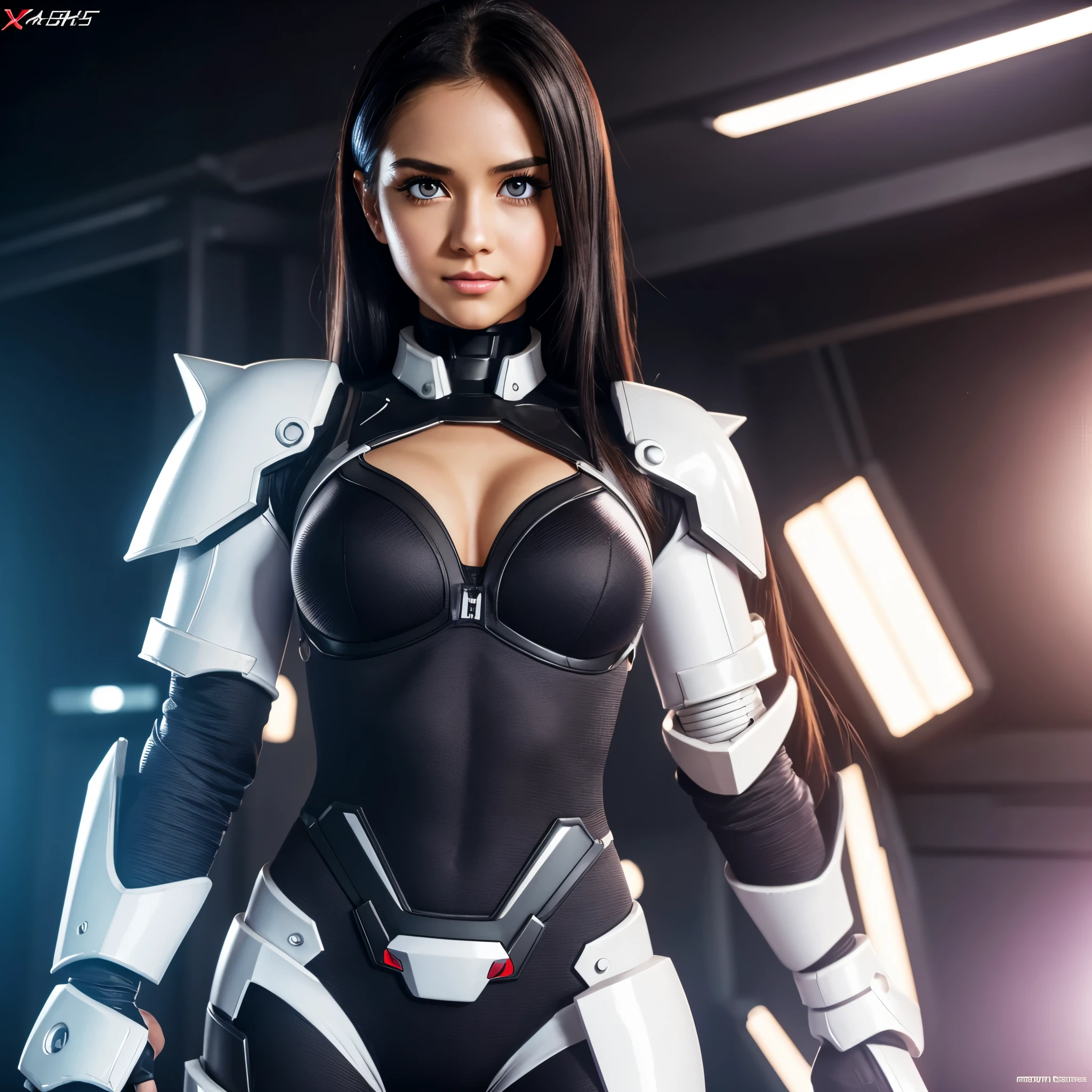 (upper body), (realistic, [anime]), (3d:0.3), dramatic lighting, ((masterpiece)),(quality),(highres), tall Lady Voidstar, [[covered abs]], ((x-ray power armor|lined bodysuit|white power armor) mechanical arms), long black hair undercut, [evil smile], small breasts, covered navel, eyeliner, eyelashes, perfect face, beautiful nose, detailed pupil, beautiful eyes, detailed eyes, brown eyes, perfect lips, a-pose on monitor, simple background, [boku no hero academia], (zet:1) ,  