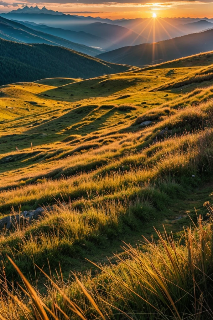 The mountains and grasses ground where sunset give natural view 