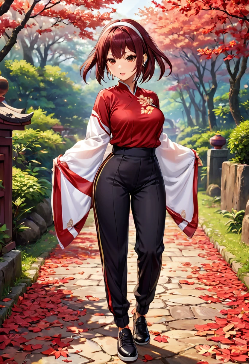 **Chizuru Kagura**.real name is **Chizuru Yata**³. da saga de videogame The King of Fighters¹².
Regarding your physical description, Chizuru is between 20 and 24 years old¹. She wears a long-sleeved white blouse., reddish-brown stripes, Black Pants, black shoes and two white earrings with a headband¹. When she purifies anyone who has Orochi bloodlines, she wears the same clothes, but exchanges the pants for a red Chinese skirt with a flag of white leaves¹. Its measurements are 85cm, 57cm, 84cm¹.. High definition,Highly detailed 4K Chizuru is a descendant of the Yata clan, one of the three powerful clans in charge of the Sacred Treasures, capable of sealing the "Gaia's Will", also known as Orochi⁴. His first appearance was in The King of