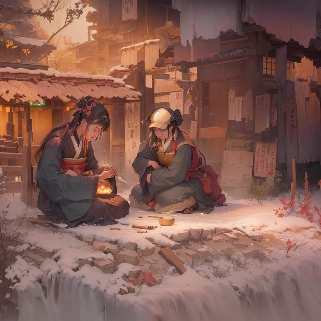 masterpiece, Highest quality, (Highly detailed CG Unity 8k wallpaper), (Highest quality), (Best illustrations), (Best Shadow), Absurd, Realistic lighting, (abyss), Beautiful sparkle, art:PeterMohrBacher,Blazing flames, fire, crowd, throng, freezing, mother warming her baby.Scenery and Cityscape in the Early Meiji Era After the Meiji Restoration, Japan underwent rapid modernization and civilization. Consequently, many changes and reforms occurred. Below is a detailed explanation of the scenery, appearance of the poor, occupations, and cityscapes in the early Meiji period (1868 to the early 1880s). 2. Appearance of the Poor Life for the impoverished and lower classes remained harsh. In particular, in urban areas, people migrated from rural areas or unemployed artisans gathered, intensifying competition in the labor market. Many of them struggled with poverty, often residing in slums or around temples. 3. Occupations Meiji early Japan witnessed a diversification of occupations. Traditional agriculture and handicrafts were accompanied by the rise of modern industry and commerce. Particularly in urban areas, factory workers, shop clerks, and transporters increased, giving rise to new professions. However, many in these occupations endured harsh working conditions. 4. Influence of Civilization and Enlightenment During the Meiji era, Western cultural influences spread rapidly. Changes in clothing, dietary habits, and the proliferation of Western-style architecture advanced, especially in urban areas. Conversely, this development posed a threat to traditional culture and lifestyles, resulting in societal upheaval and adaptation challenges. 5. Social Change and Policy Influence While promoting modernization policies, the government also addressed poverty and social issues. Legislation for labor protection and charitable activities to aid the poor were implemented. Nevertheless, living conditions for the impoverished scarcely improved. The early Meiji period marked a rapid transformation in Japan, with complex social landscapes involving challenges face.