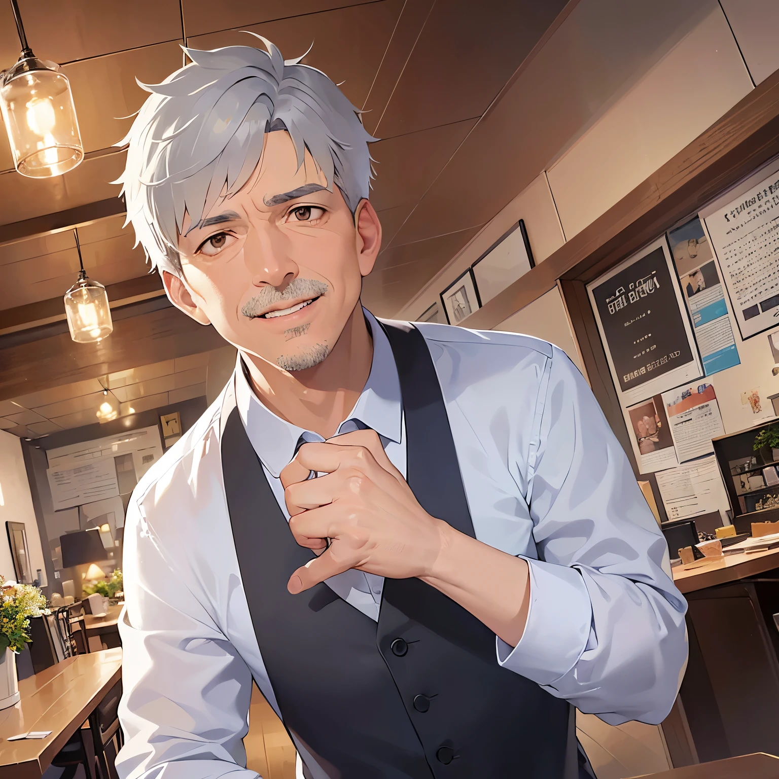 Raising hand, smile, open mouth, dutch angle, masterpiece、high quality、(A 50-year-old man with short grey hair and brown eyes:1.5)、Wearing a white shirt、 The background is the interior of a restaurant at night.、Alone、Bold composition、Are standing