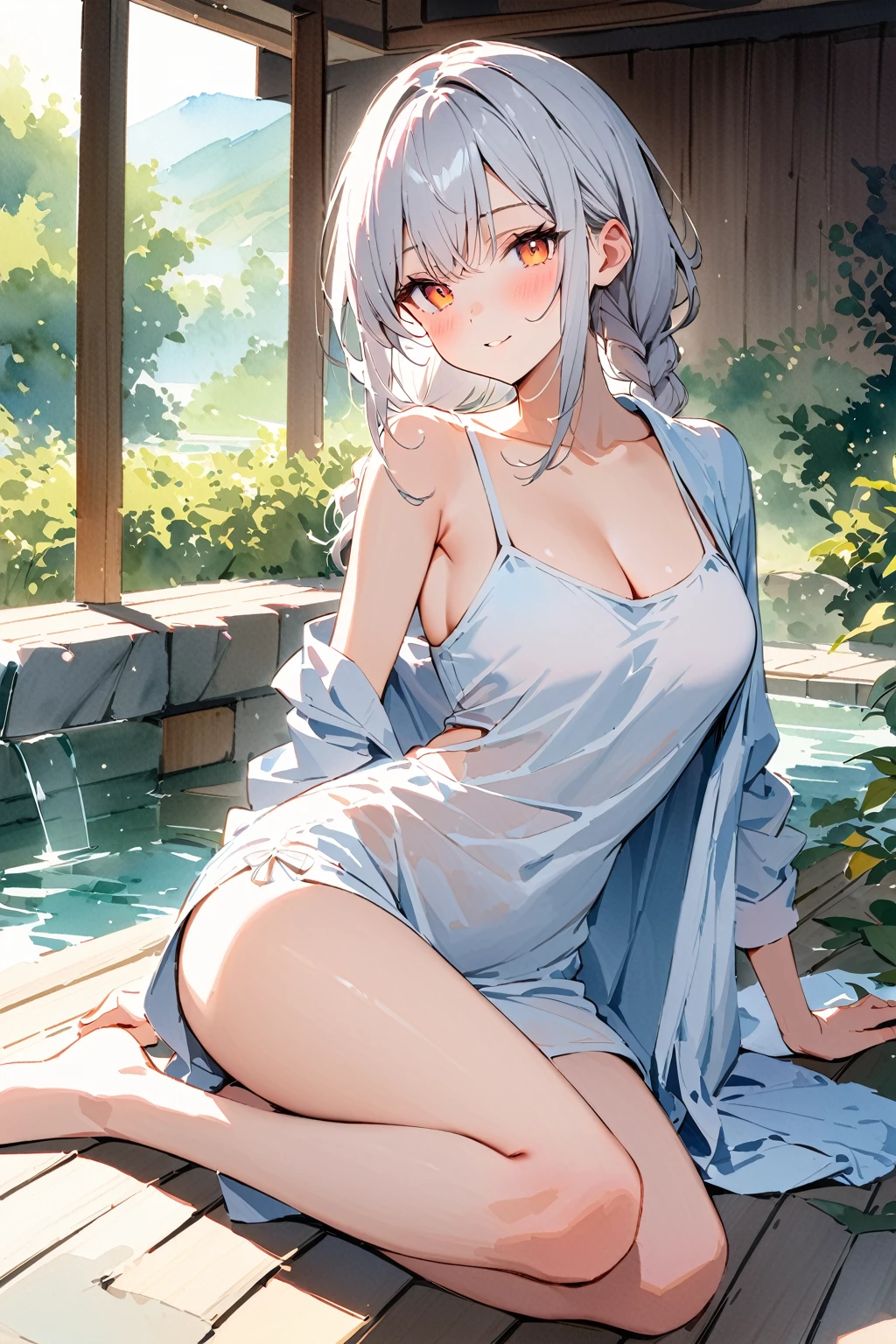 (masterpiece, best quality:1.5), (ultra detailed, high resolution, 8k, beautiful detailed, UHD, best anatomy), white hair in braids, medium breasts, 1 cute girl, (watercolor painting Art:2), Beautiful Backgrounds, warm tones, Soaking in a hot spring, naked