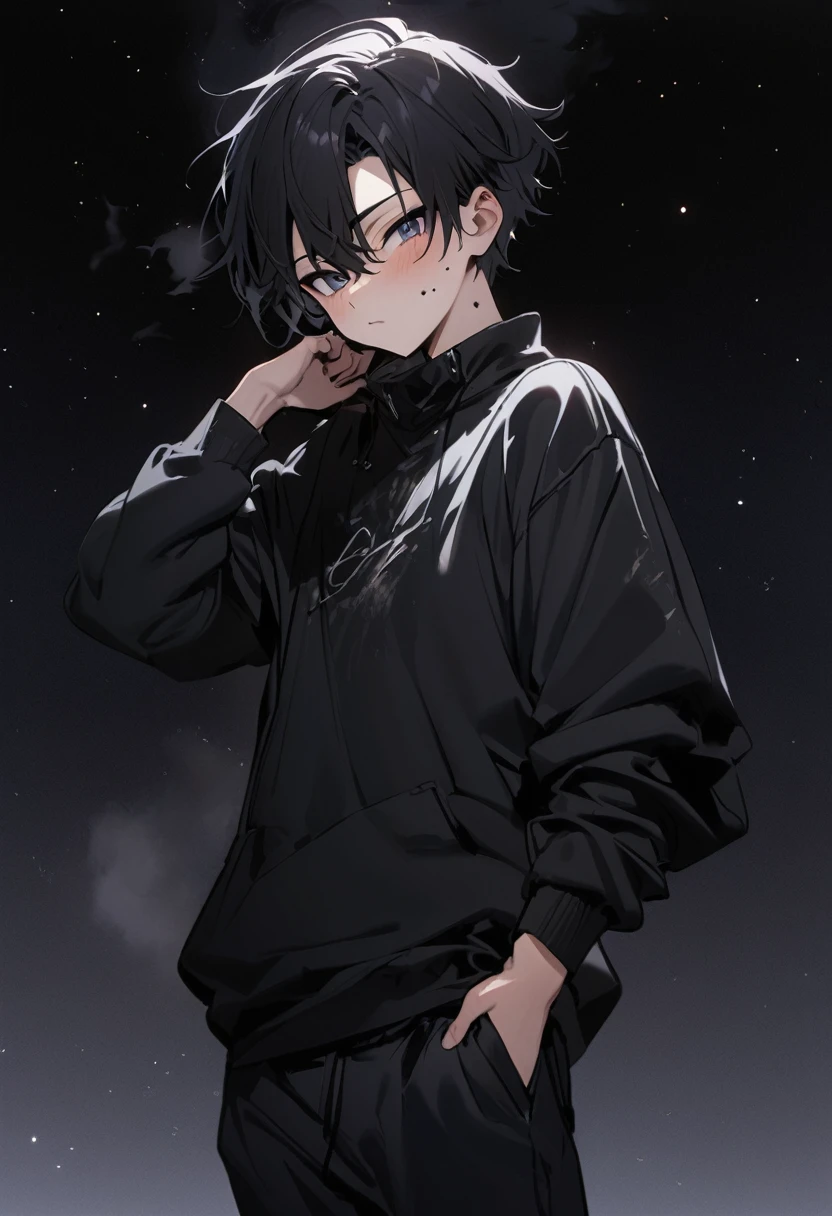 17-year-old man，Long black hair，Black smoke on the body，Background is starry sky，Black vibe，masterpiece