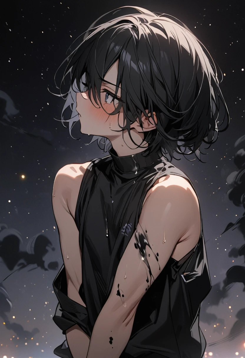 17-year-old man，Long black hair，Black smoke on the body，Background is starry sky，Black vibe，masterpiece