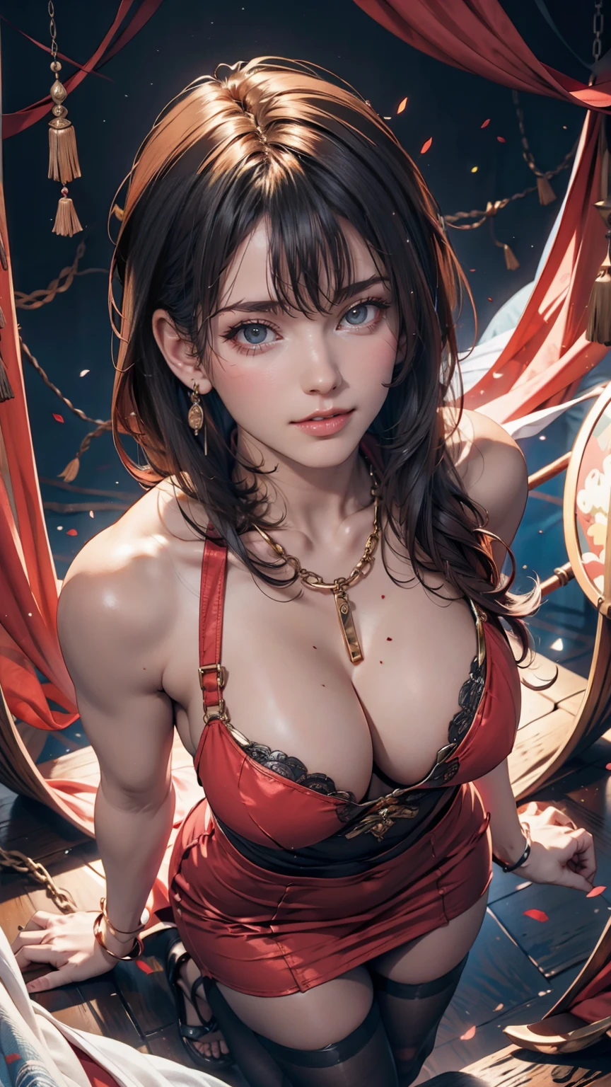 ((masterpiece:1.2, Highest quality)), Super detailed, Ultra-precise depiction, Ultra-detailed depiction, (Tangled:1.2), (Dynamic pose), (Abstract background:1.5), Wavy long hair, Pink Hair, One girl, colorful, Portraiture, (From above:1.2)、Sexy proportions、Sexy、Wear a cross halter dress、Wear thick-soled sandals、smile