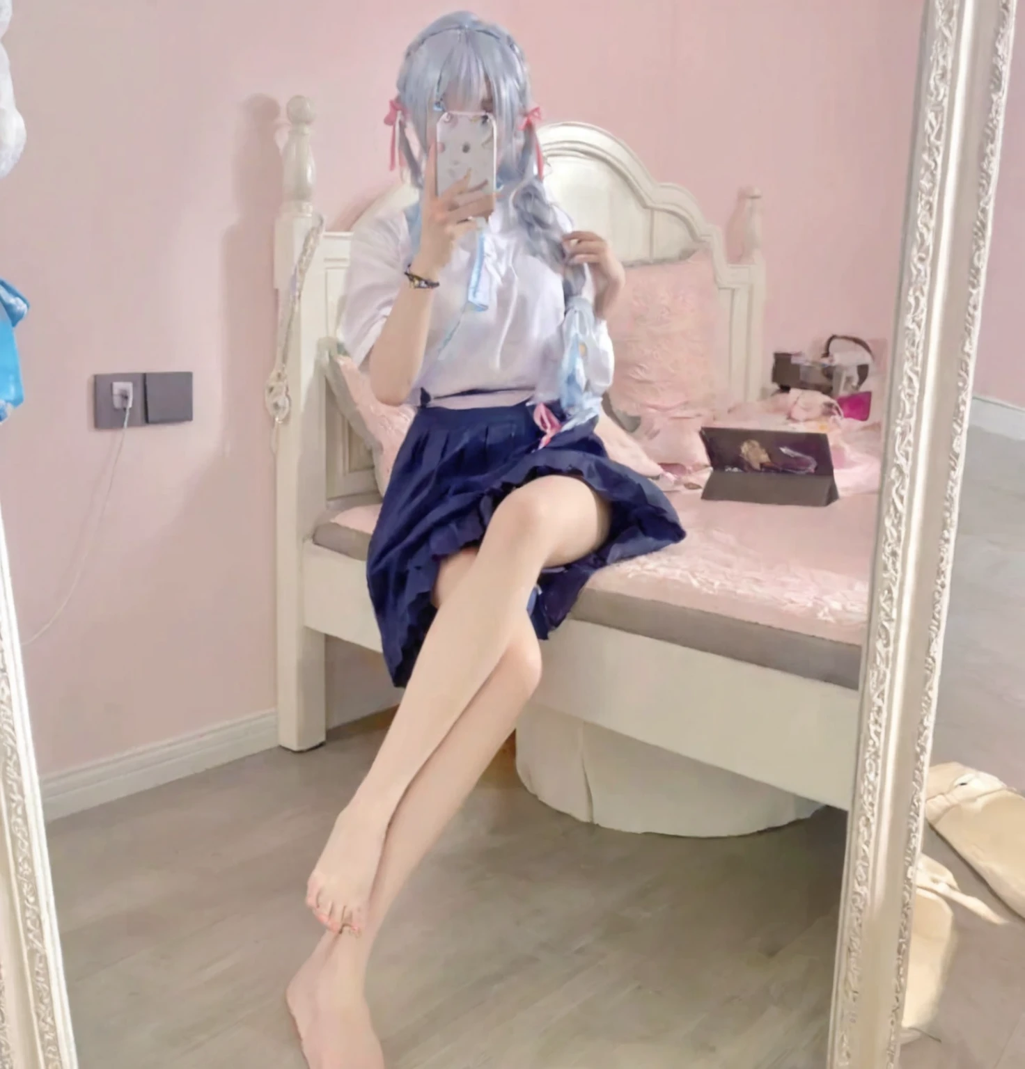 Surrealism), (illustration), (high resolution), (8K), (Extremely detailed), (best illustration), (Beautiful and delicate eyes), (best quality), (Very detailed), (masterpiece), ( wallpaper), (Delicate face), solitary, 1 girl, White curly hair, Korean, Heterochromic Eyes, There is a small mole under the eye, Large Breasts, Long legs, Tight abdominal muscles, Dynamic poses,A woman takes a selfie while sitting on the bed, anime girl role play, Anime girl squatting, Anime girls in real life, anime role play, role play of a catboy! maid! skirt,  in skirt, A pretty face with arms and legs, 2263539546], , role play