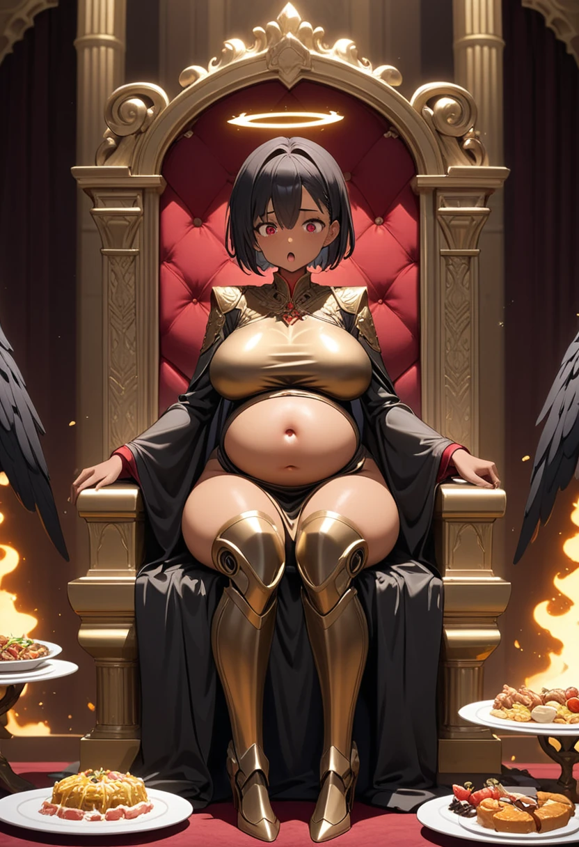 1girl, tanned skin, golden halo, black hair, very short hair, winged, bronze dress, red details, long sleeves, red eyes, palace ambience, golden aura, sitting, throne, prosthetic legs, several plates, food, feast, sweating, panting, big belly, stuffed, overfeed
