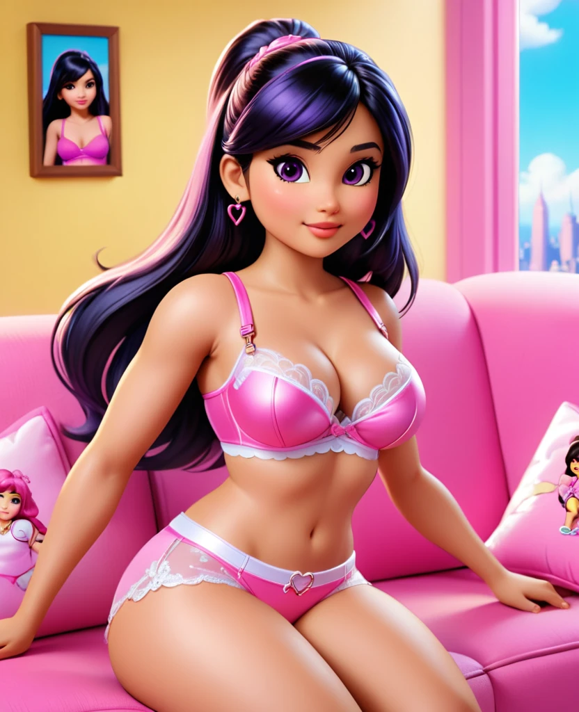  dressed in pink lingerie sitting on a blue sofa, violet myers, barbie doll in panties and bra, Thick, Beautiful Delfina, tifa lockhart, Dora, the Adventurer as a real girl, cutecore, mia khalifa, alexa 65, alexa65, irelia, looks realistic, pink body, 🐎🍑, Tifa
