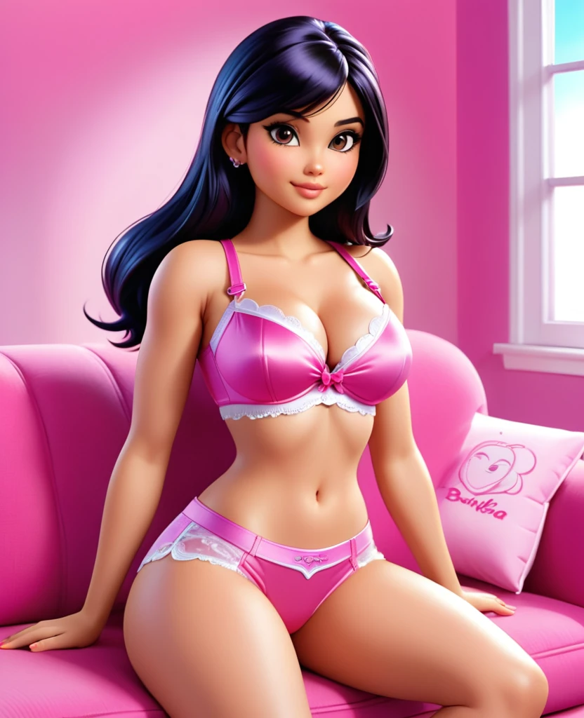  dressed in pink lingerie sitting on a blue sofa, violet myers, barbie doll in panties and bra, Thick, Beautiful Delfina, tifa lockhart, Dora, the Adventurer as a real girl, cutecore, mia khalifa, alexa 65, alexa65, irelia, looks realistic, pink body, 🐎🍑, Tifa