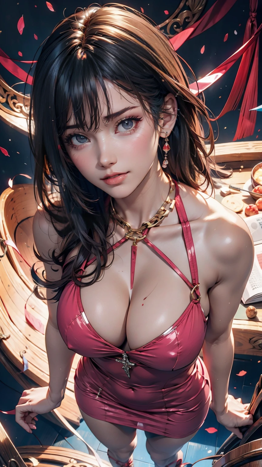 ((masterpiece:1.2, Highest quality)), Super detailed, Ultra-precise depiction, Ultra-detailed depiction, (Tangled:1.2), (Dynamic pose), (Abstract background:1.5), Wavy long hair, Pink Hair, One girl, colorful, Portraiture, (From above:1.2)、Sexy proportions、Sexy、Wear a cross halter dress、Wear thick-soled sandals、smile