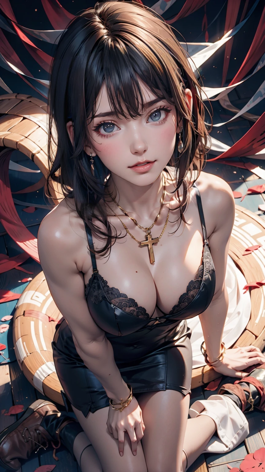 ((masterpiece:1.2, Highest quality)), Super detailed, Ultra-precise depiction, Ultra-detailed depiction, (Tangled:1.2), (Dynamic pose), (Abstract background:1.5), Wavy long hair, Pink Hair, One girl, colorful, Portraiture, (From above:1.2)、Sexy proportions、Sexy、Wear a cross halter dress、Wear thick-soled sandals、smile