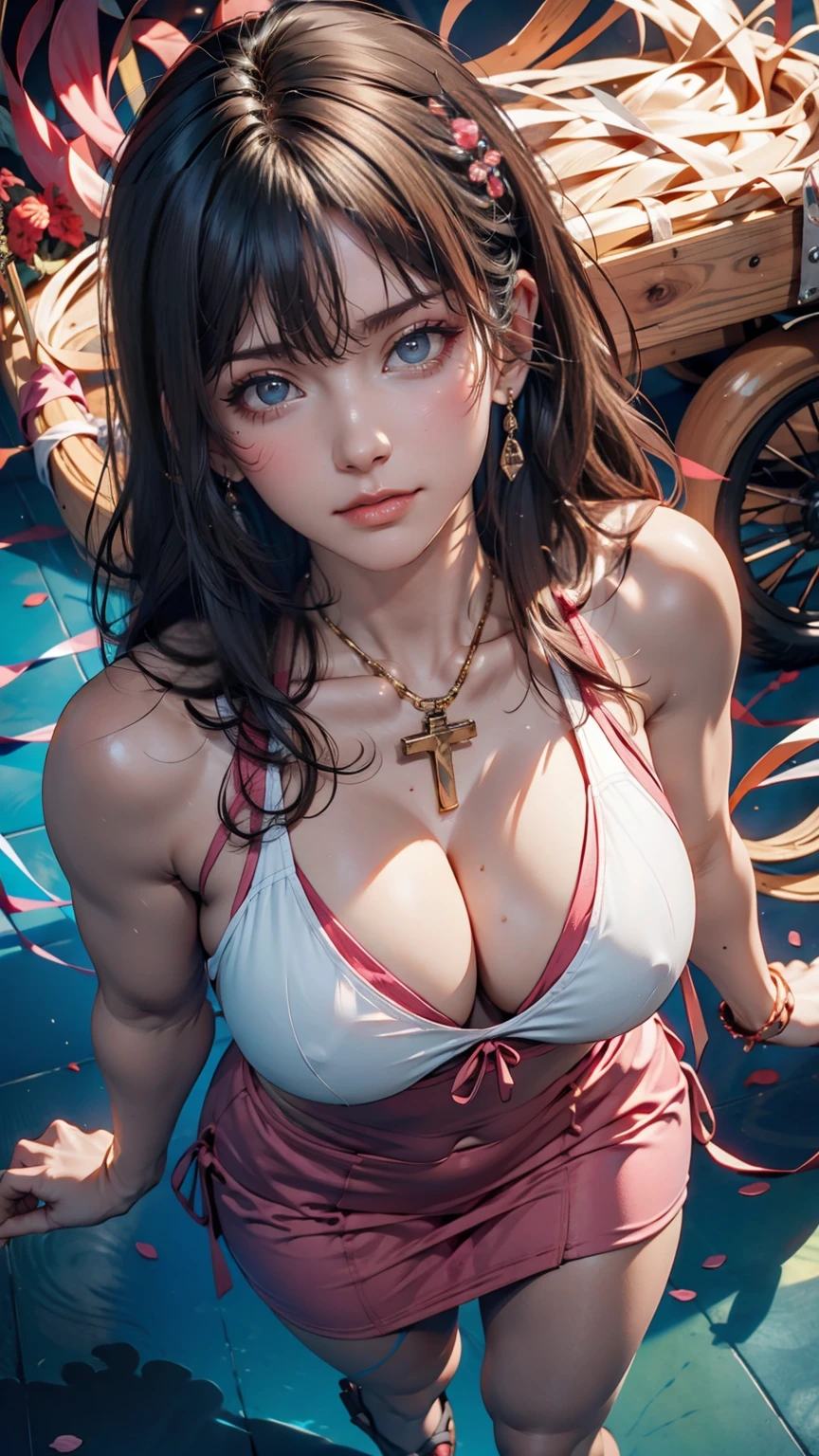 ((masterpiece:1.2, Highest quality)), Super detailed, Ultra-precise depiction, Ultra-detailed depiction, (Tangled:1.2), (Dynamic pose), (Abstract background:1.5), Wavy long hair, Pink Hair, One girl, colorful, Portraiture, (From above:1.2)、Sexy proportions、Sexy、Wear a cross halter dress、Wear thick-soled sandals、smile