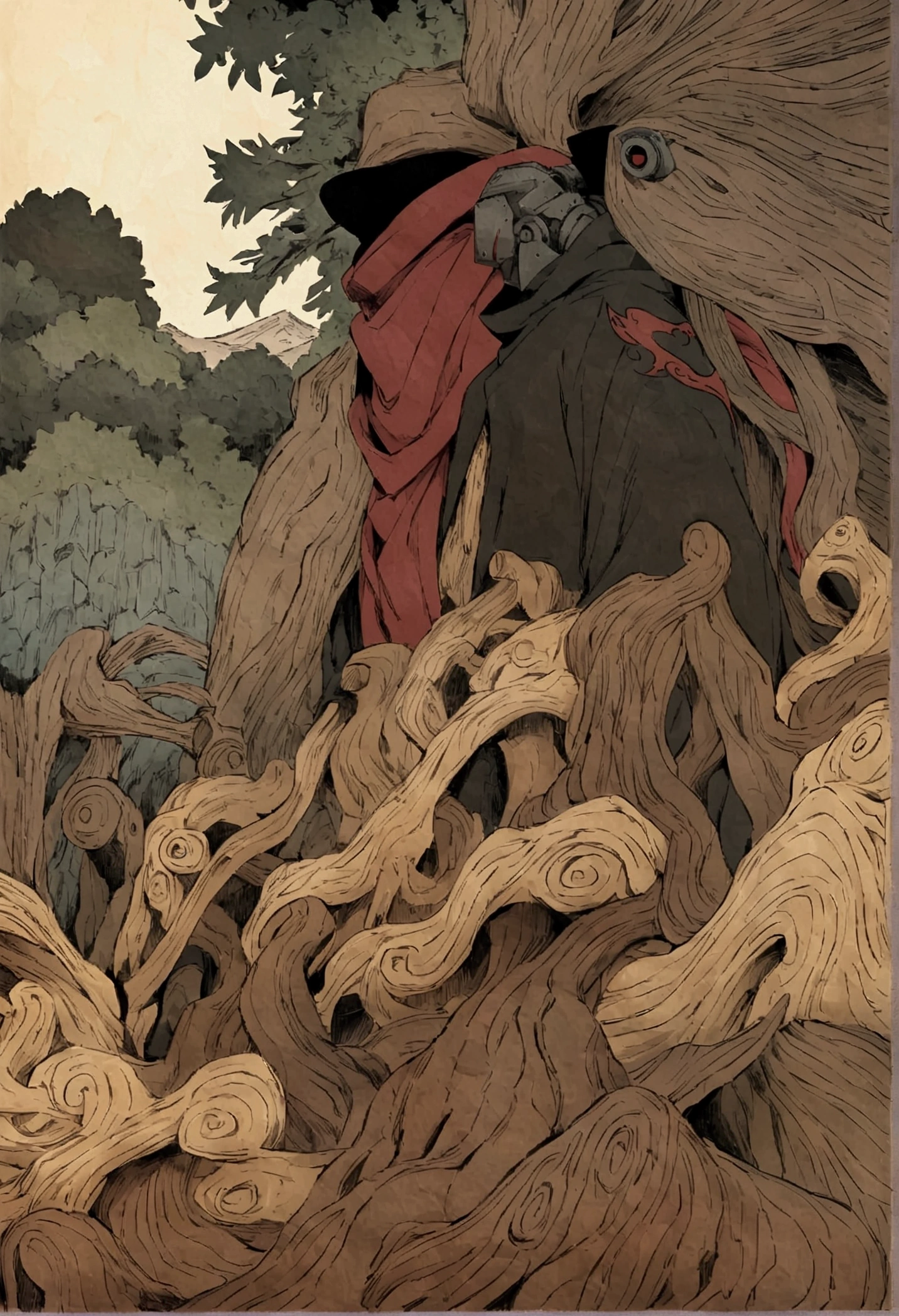 masashi kishimoto&#39;s comic art, robot surrounded by wood and metal textures, wearing an akatsuki cloak with scarves covering the neck, fundo um deserto vazio e quente