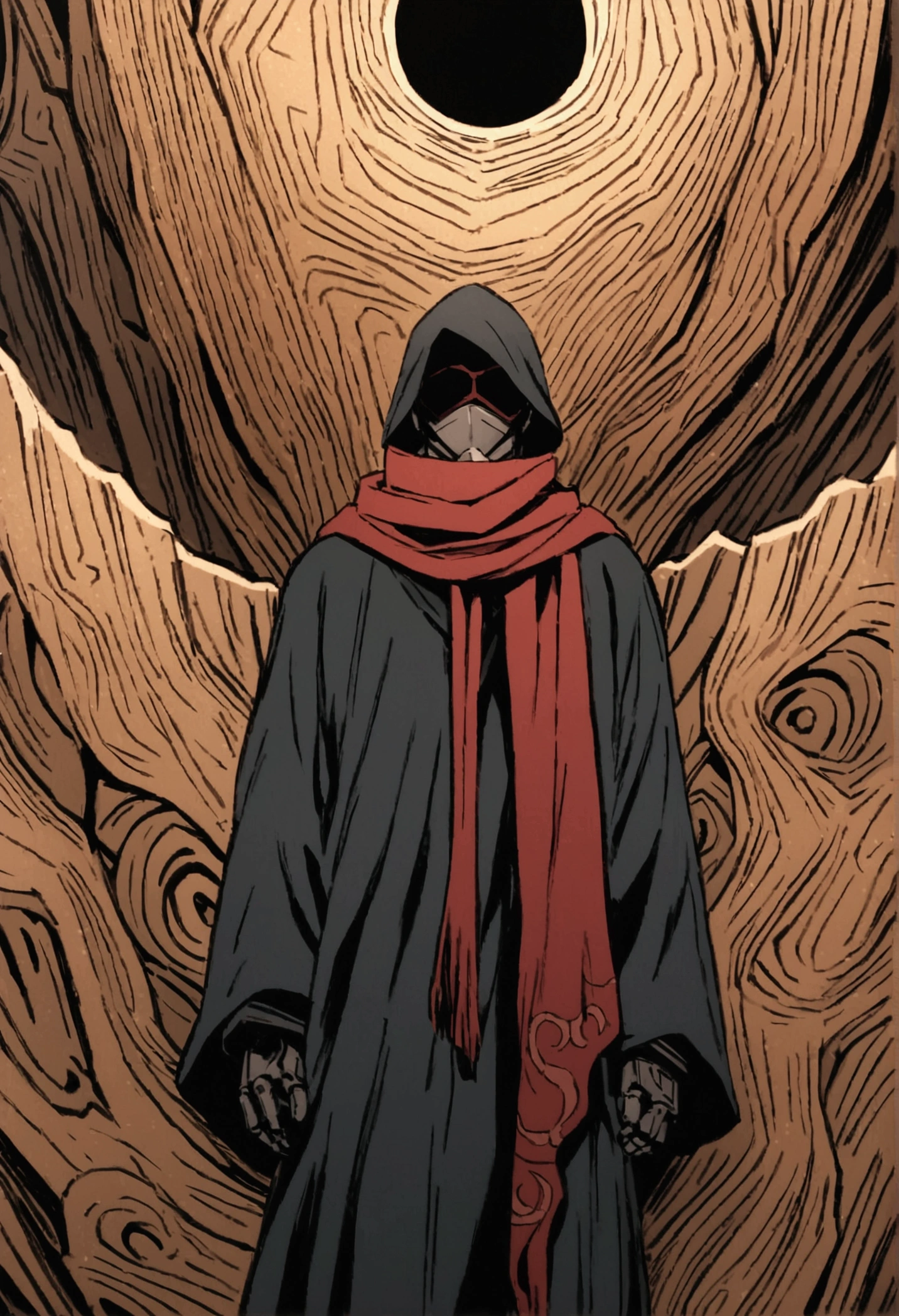 masashi kishimoto&#39;s comic art, robot surrounded by wood and metal textures, wearing an akatsuki cloak with scarves covering the neck, fundo um deserto vazio e quente