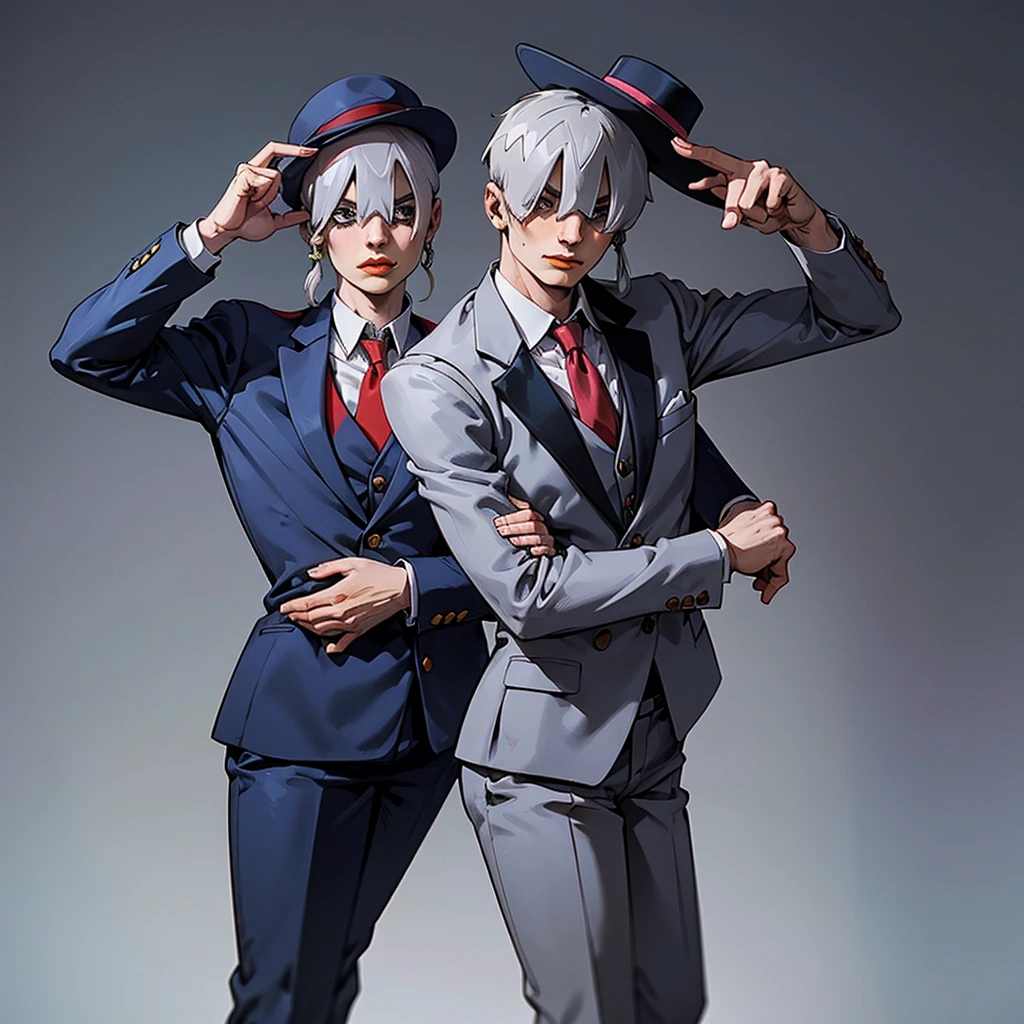 Two people. A woman and a man. Woman in gray suit and red tie. Man in pinstripe suit and white hat. Pose of a couple. Jojo pose