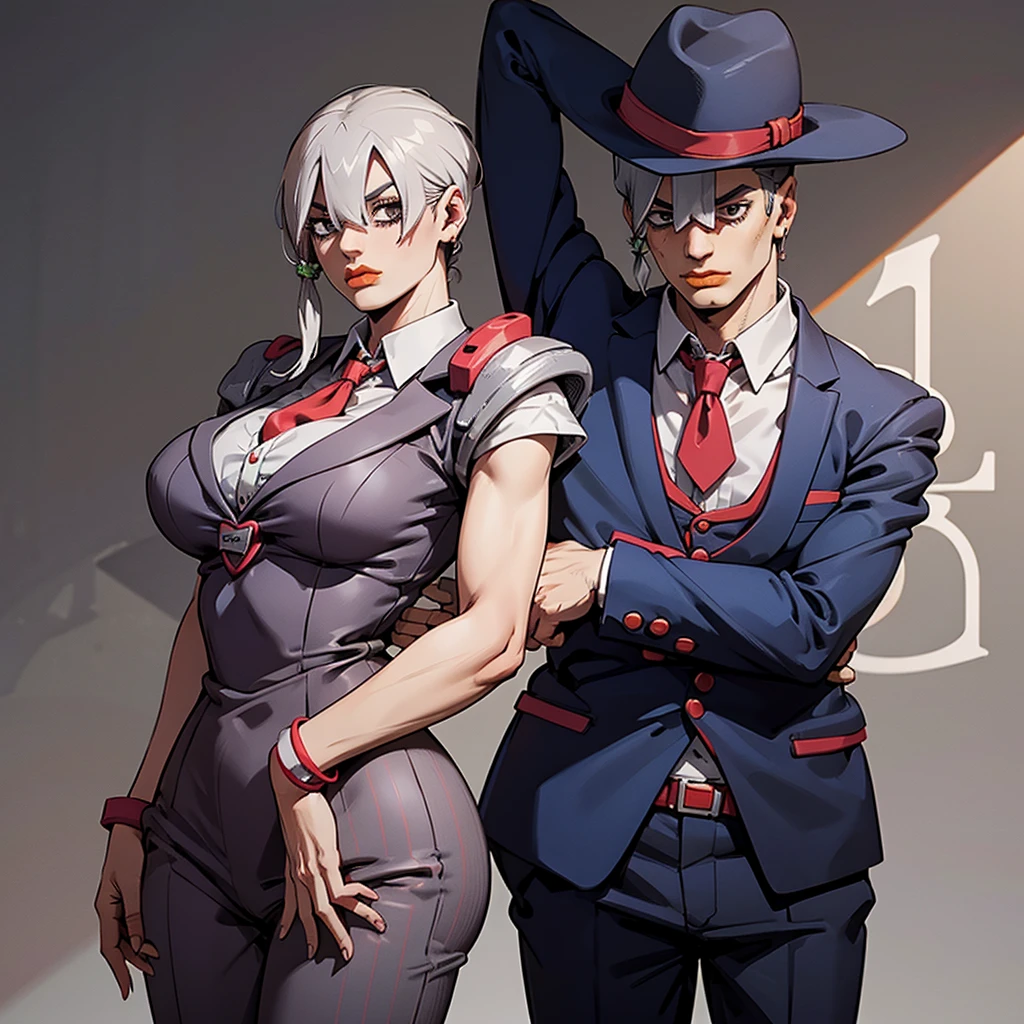 Two people. A woman and a man. Woman in gray suit and red tie. Man in pinstripe suit and white hat. Pose of a couple. Jojo pose