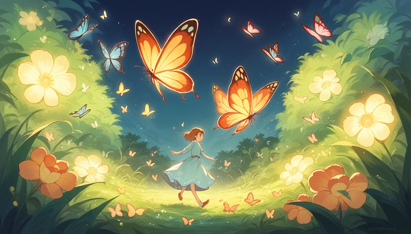 Studio ghibli, enchanted landscapes with lights , butterflies, fireflies, etc