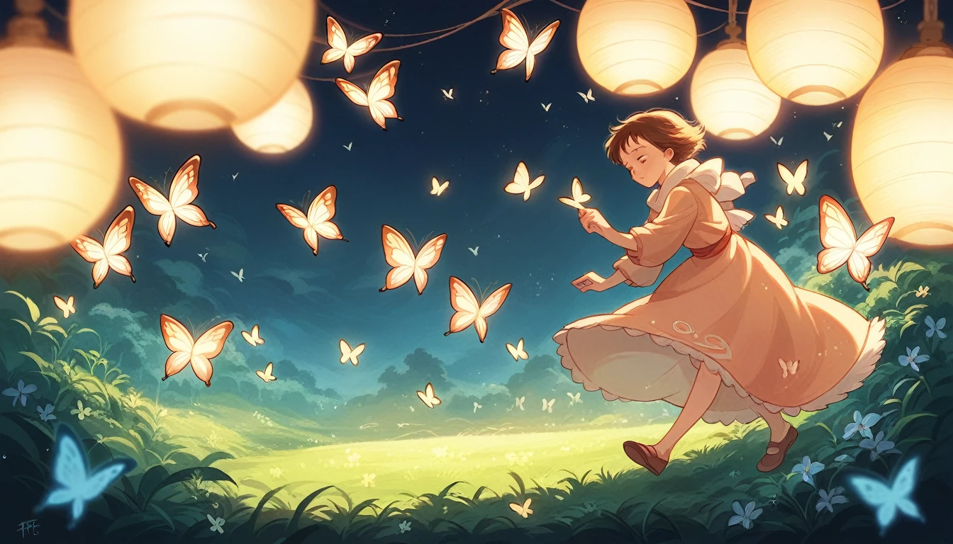 Studio ghibli, enchanted landscapes with lights , butterflies, fireflies, etc