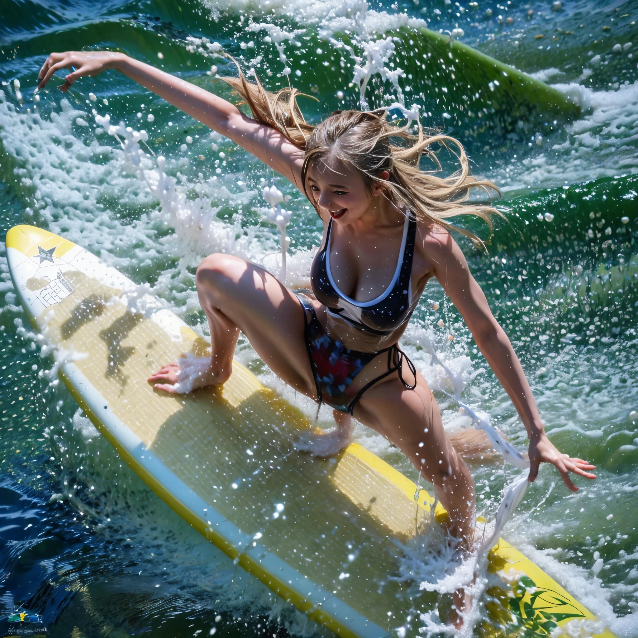 (ZoomedOut:1.28, Wide-shot) ZoomLayer (Epic photo of surfer magazine:1.37). (Full of Water, Everything Wetted:1.4) WetHair (extremely detailed Cute Girl)(SparklingHighlights:1.28), Dynamic Joyful Expressions LifeLike Rendering (ManoErina:1.0) . Overflowing Gigantic Sideboob (Clearly Visible Beautiful Breast to Buttocks Line) Tiny and Roundly Butt, Detailed wet clothing texture, (Sloppy Surfboard:-1.2) Riding on waves, Sparkling water, TyndallEffect(Starry Water Particles:1.32), Whole Body proportions and all limbs are anatomically accurate