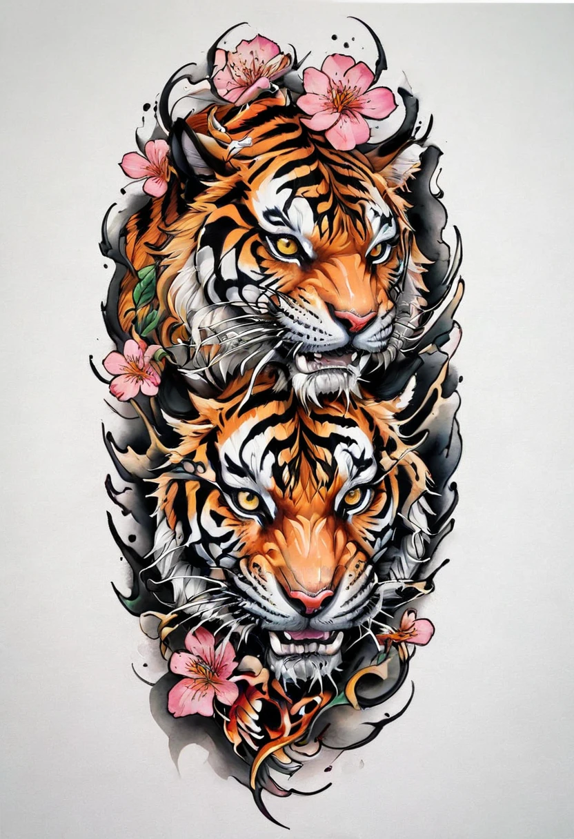 ((a solo Tiger)), with a flower Tattoo designs on its chest, Tom Wennerstrand, Color illustration for tattoo, ((solo Tiger)), Highly detailed and colorful, Full-color painting, Tattoo designs, Inspired by Kameda Disaster Prevention, Inspired by Kyosai Kawanabe, Highly detailed watercolor 8k, Highly detailed watercolor 8k, (((Scratching the viewer with fierce claw))), 
