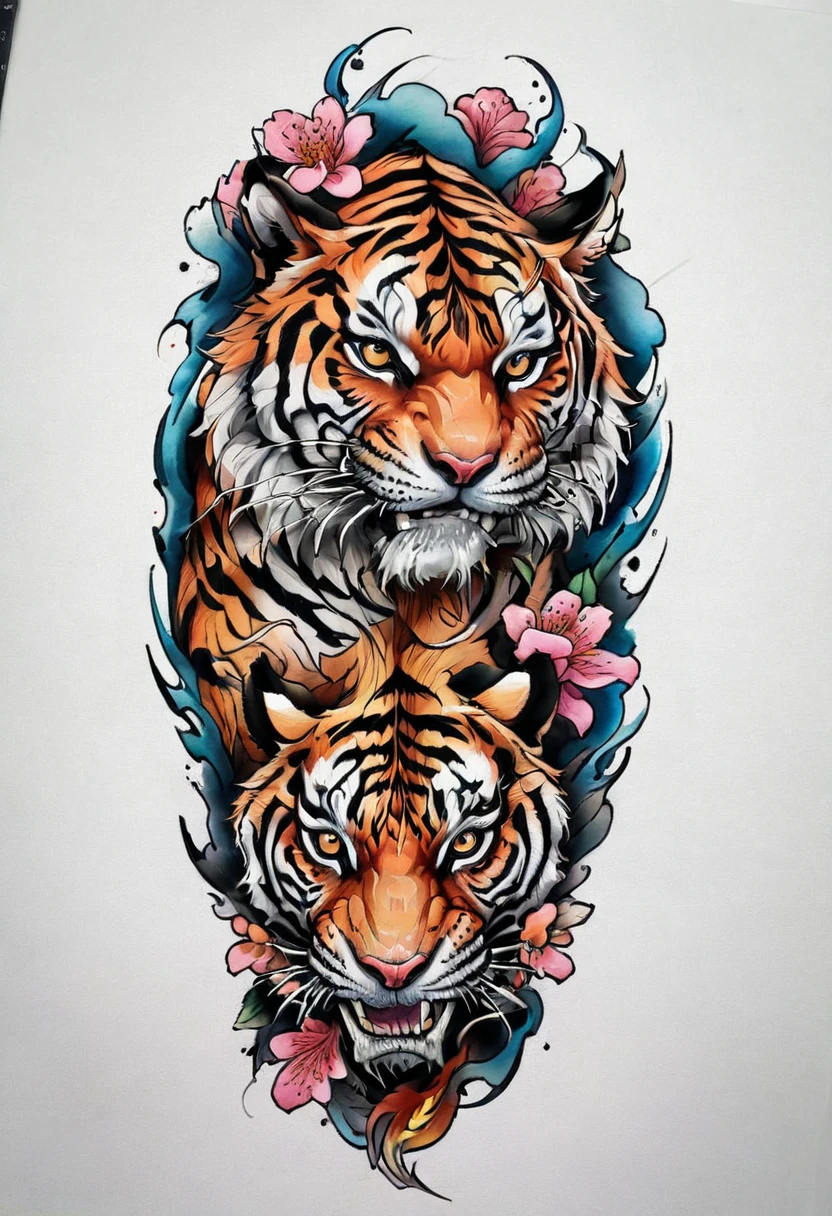 ((a solo Tiger)), with a flower Tattoo designs on its chest, Tom Wennerstrand, Color illustration for tattoo, ((solo Tiger)), Highly detailed and colorful, Full-color painting, Tattoo designs, Inspired by Kameda Disaster Prevention, Inspired by Kyosai Kawanabe, Highly detailed watercolor 8k, Highly detailed watercolor 8k, (((Scratching the viewer with fierce claw))), 
