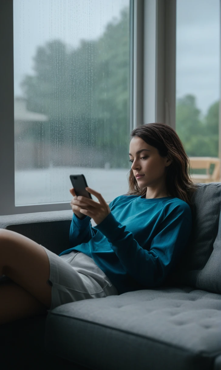 A woman lounging on a couch, scrolling through a smartphone with a rainy window in the background.