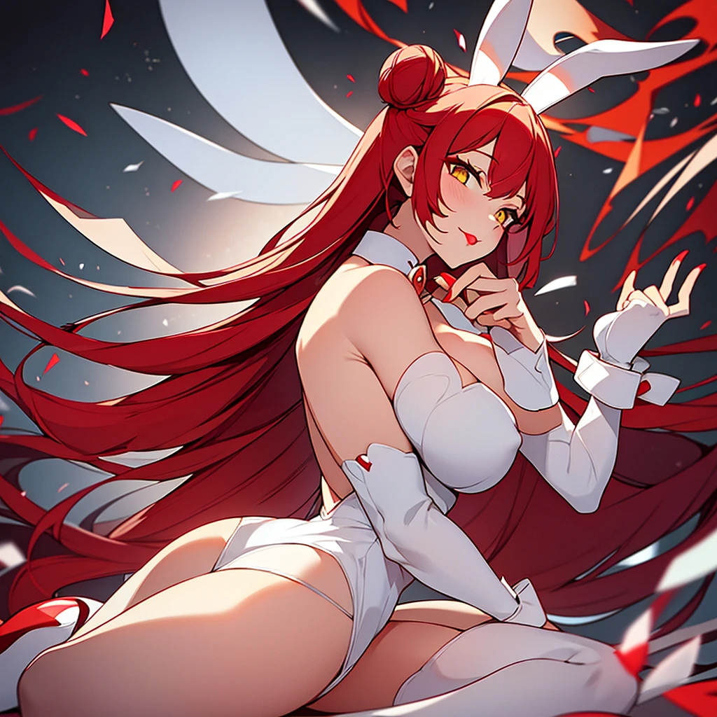 1bunny woman, bunny ears, red hair, two buns, make-up, yellow eyes, red lipstick, serene face, red and white elegant dress, long white stockings, red heels, fan hand, big breasts, big ass