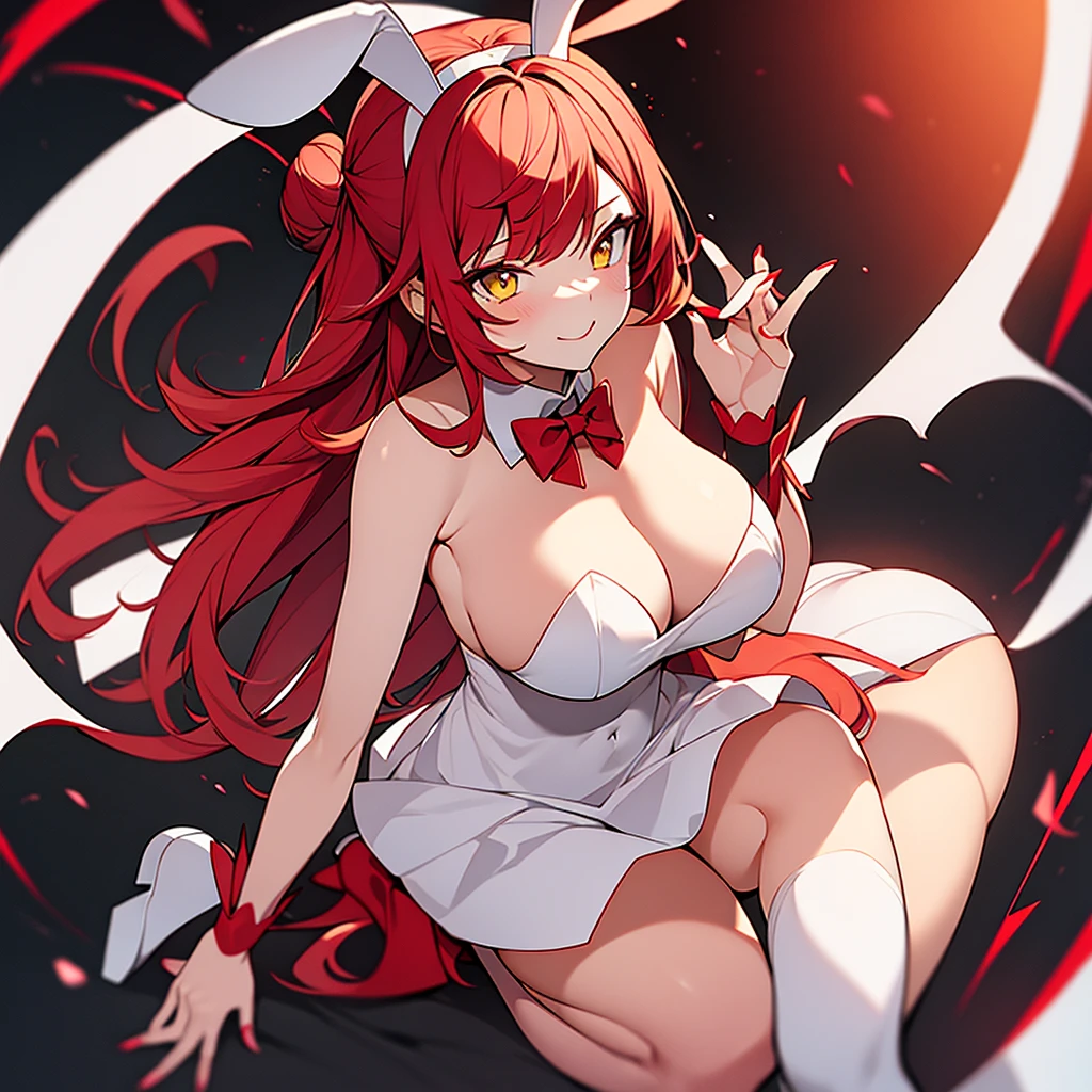 1bunny woman, bunny ears, red hair, two buns, make-up, yellow eyes, red lipstick, serene face, red and white elegant dress, long white stockings, red heels, fan hand, big breasts, big ass