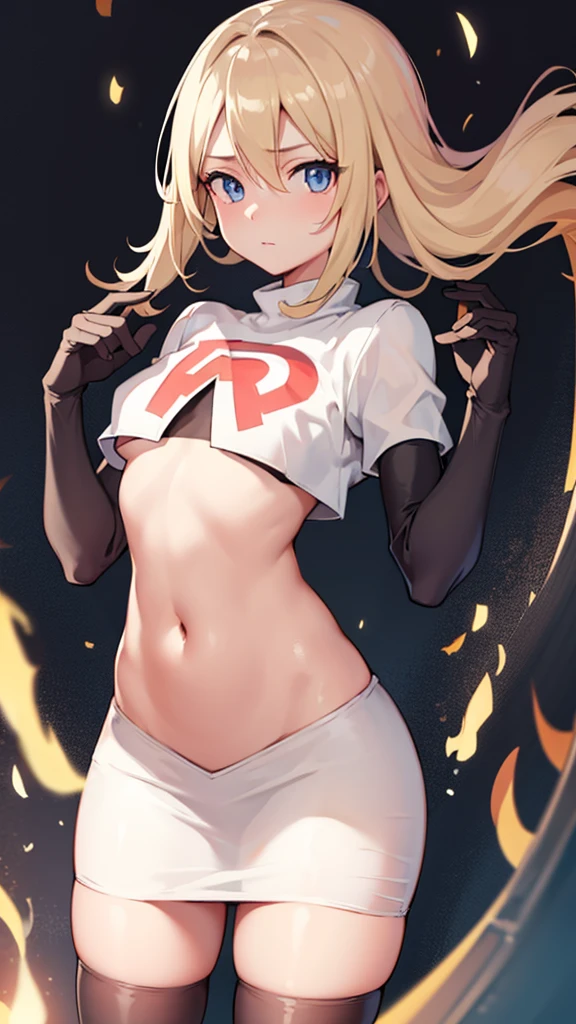 pokemon Cinthia ,pokemon Cinthia brown eyes, light hair, by the wide (small breasts:1.2),
Team Rocket,Team Rocket uniform, red letter R, White skirt,White crop top,black thigh high stockings,black elbow length gloves BREAK looking at viewer,
BREAK (masterpiece:1.2), Best Quality, High resolution, unity wallpaper 8k, (illustration:0.8), (beautiful detailed eyes:1.6), extremely detailed face, perfect lighting, Extremely detailed CG, (perfect hands, perfect anatomy),