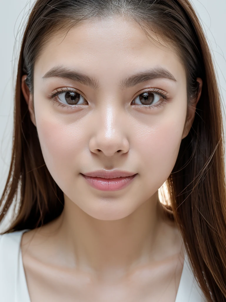 whiteroom, 1 girl, look at the camera, smile, H~I cup, model's expression, Wide, double eyes, drooping eyebrows and parallel eyebrows, high nose position, moist eyes, firm parallel double eyes from the inner corner of the eyes, slightly drooping eyes, stronger tear bags, wider mouth , droopy eyes, normal thickness with thin eyebrows, round eyes that are almost almond-shaped, overall gives the impression that she is gentle and not easily resistant to pressure, overall impression of gentleness and vulnerability, Tank top, Shiny skin, Sweaty body, Dramatic lighting, Huge breath, (8K, 4K, Best Quality, High Definition, Ultra High Definition: 1.1), (Masterpiece, Realistic, Photorealistic: 1.1), #tarasuzuka24