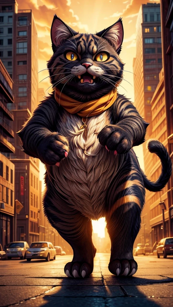 a large angry cat rampaging through a city, incredibly detailed, 8k, photorealistic, award winning, highly detailed, hyper-realistic, volumetric lighting, cinematic, dramatic lighting, intricate details, photographic, chiaroscuro, golden hour, vibrant colors, natural textures