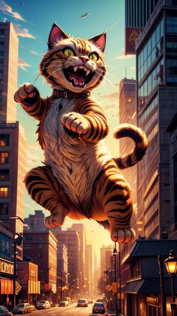 a huge cat jumping from rooftop, grabbing a helicopter, beautiful detailed eyes, beautiful detailed lips, extremely detailed eyes and face, long eyelashes, cinematic composition, dramatic shattering of glass, dramatic action scene, dynamic motion blur, high contrast lighting, intense colors, vibrant colors, hyper-realistic, award winning photography, 8k, best quality, masterpiece