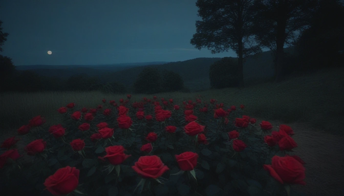 Field of red roses, dark forest, the night with moonlight, mood of melancholy, horor, rolling hills, eyeshadows, ultra detali, some candles on the way, serenidade