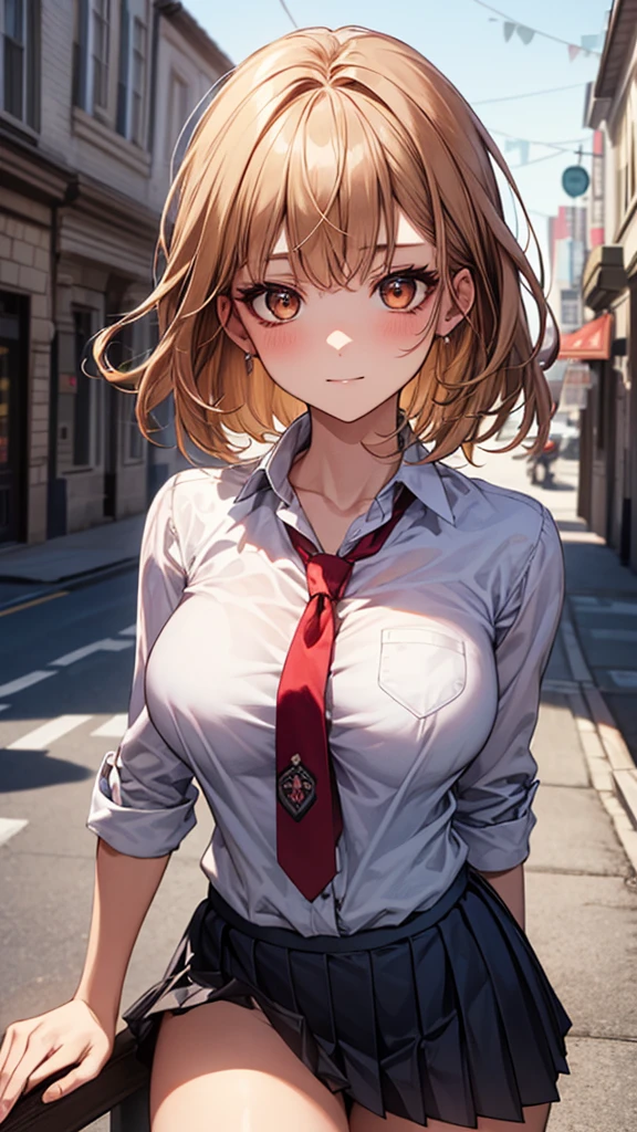 ((Highest quality)), ((High resolution)), ((masterpiece)), (detailed),
View your viewers, Cowboy Shot, Written boundary depth, Anatomically correct, 1people々, woman, Perfect Face, Cute and symmetrical face, Glowing Skin,
(Medium Hair, blonde), Chestnut brown eyes, Long eyelashes, (Big Breasts:1.1),
Beautiful details, Beautiful Hair, Beautiful Face, Beautiful clavicle, Beautiful body, Beautiful breasts, Beautiful thighs, Beautiful legs,
(Collared shirt, Blue pleated skirt, Red tie), Skirt Lift,
(Beautiful views), town, city, (Sorry look, I feel like I'm going to cry, Angry expression),