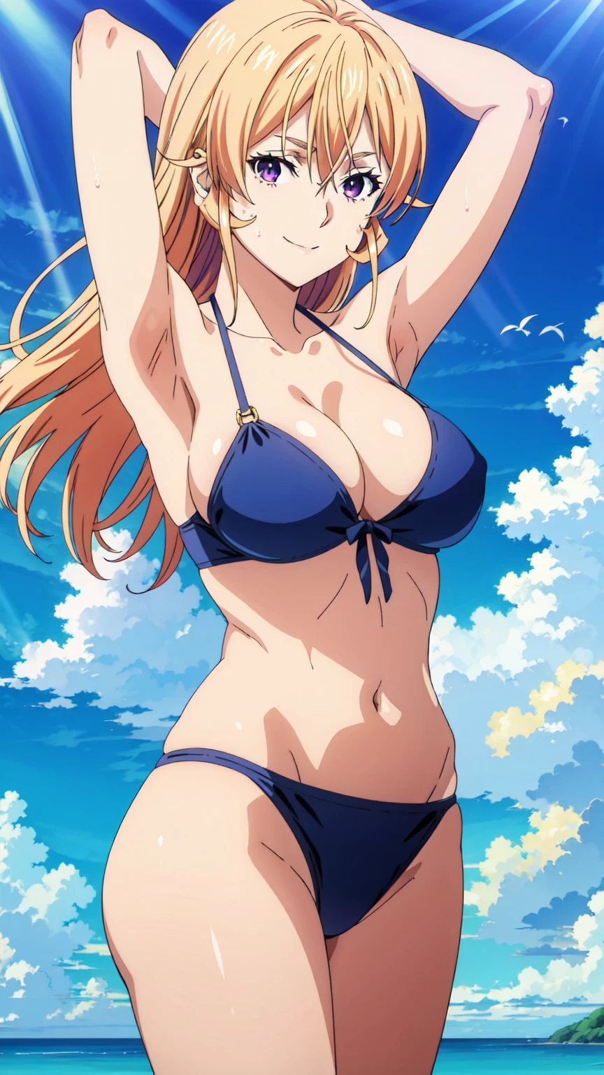  tall body, tall, long legs, mature female, mature, adult, Erina_Prodigy, 1girl, solo, purple eyes, long hair, smile, looking at viewer, , blonde hair,breasts, hair between eyes, closed mouth,, blue theme, blue background, cloudy sky, sunlight, sweat, orgasmic, bikini swimsuit, large breasts, cleavage, belly button exposed, collarbone, thighs, sea and beach,Hands behind head, armpits,