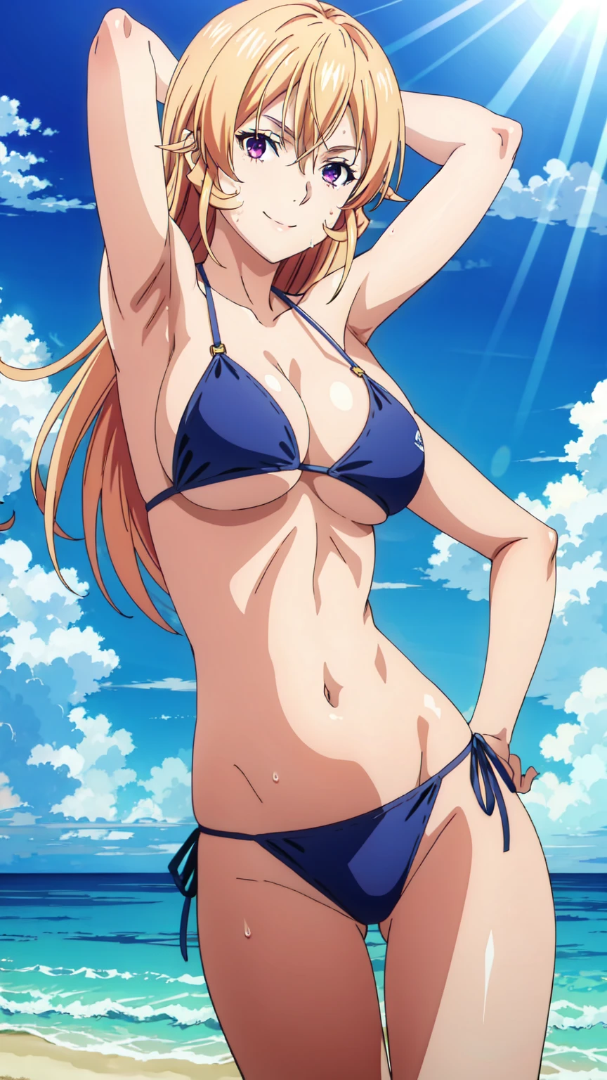 tall body, tall, long legs, mature female, mature, adult, Erina_Prodigy, 1girl, solo, purple eyes, long hair, smile, looking at viewer, , blonde hair,breasts, hair between eyes, closed mouth,, blue theme, blue background, cloudy sky, sunlight, sweat, orgasmic, bikini swimsuit, large breasts, cleavage, belly button exposed, collarbone, thighs, sea and beach,Hands behind head, armpits,