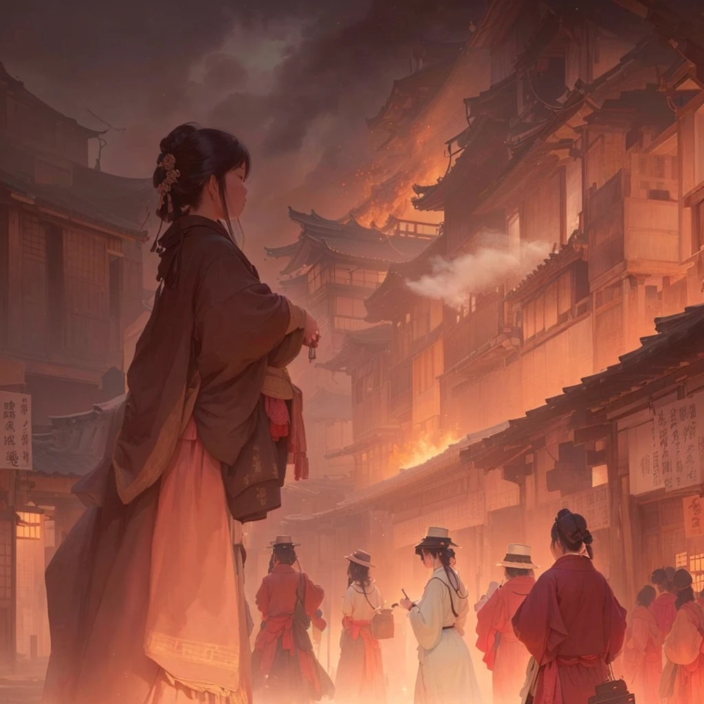 A woman walking down the street with fire in the background, an ancient city on fire, Beautiful artwork illustration, Written by Zou Zhe, Inspired by Chung Fenghua, Bayard Wu, Jan J, by Han Gan, Concept art Great atmosphere, illustration concept art, Written by Len Mei, by 下尾Blazing flames, fire, crowd, throng, freezing, mother warming her baby.Scenery and Cityscape in the Early Meiji Era After the Meiji Restoration, Japan underwent rapid modernization and civilization. Consequently, many changes and reforms occurred. Below is a detailed explanation of the scenery, appearance of the poor, occupations, and cityscapes in the early Meiji period (1868 to the early 1880s). 2. Appearance of the Poor Life for the impoverished and lower classes remained harsh. In particular, in urban areas, people migrated from rural areas or unemployed artisans gathered, intensifying competition in the labor market. Many of them struggled with poverty, often residing in slums or around temples. 3. Occupations Meiji early Japan witnessed a diversification of occupations. Traditional agriculture and handicrafts were accompanied by the rise of modern industry and commerce. Particularly in urban areas, factory workers, shop clerks, and transporters increased, giving rise to new professions. However, many in these occupations endured harsh working conditions. 4. Influence of Civilization and Enlightenment During the Meiji era, Western cultural influences spread rapidly. Changes in clothing, dietary habits, and the proliferation of Western-style architecture advanced, especially in urban areas. Conversely, this development posed a threat to traditional culture and lifestyles, resulting in societal upheaval and adaptation challenges. 5. Social Change and Policy Influence While promoting modernization policies, the government also addressed poverty and social issues. Legislation for labor protection and charitable activities to aid the poor were implemented. Nevertheless, living conditions for the impoverished scarcely improved. The early Meiji period marked a rapid transformation in Japan, with complex social landscapes involving chal