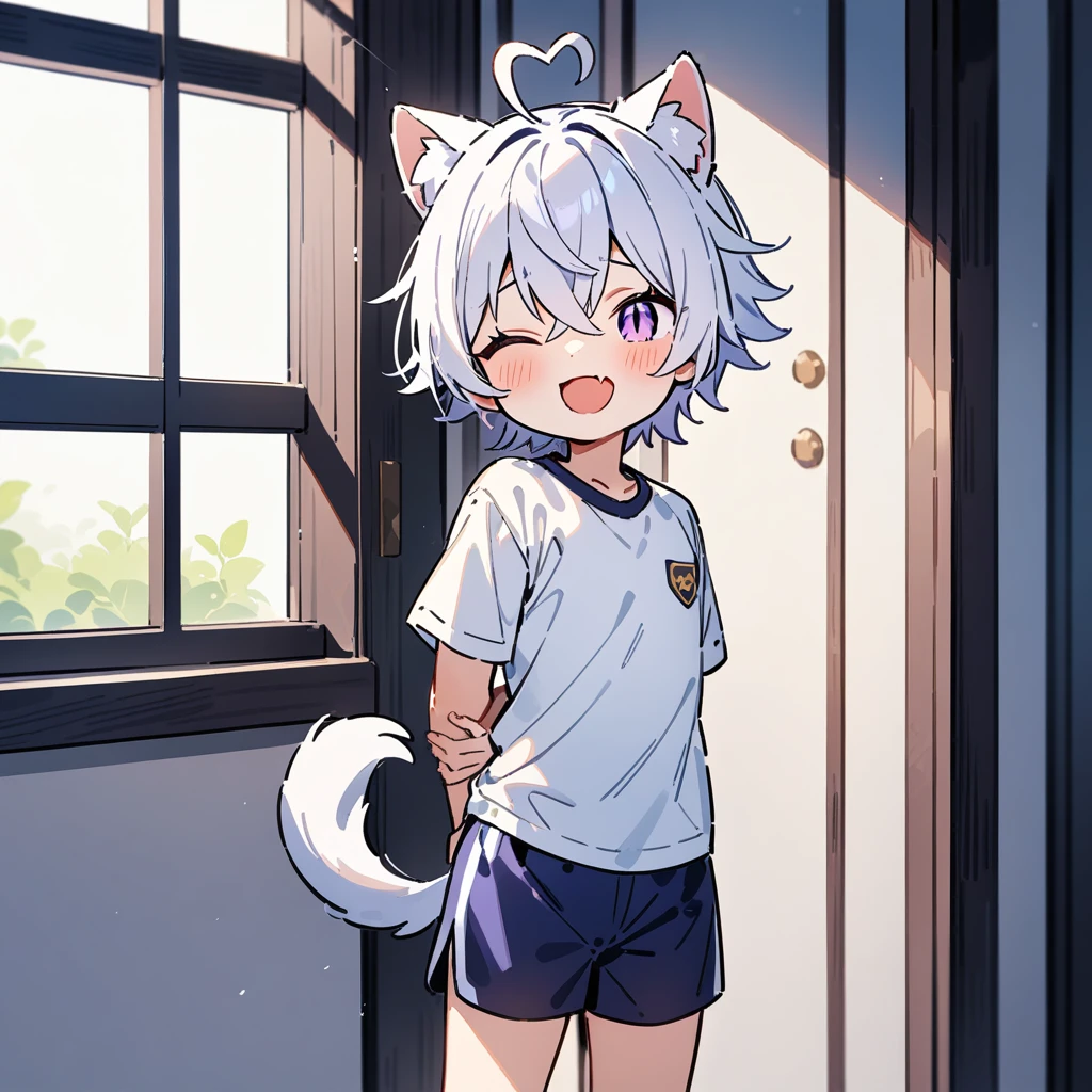 （masterpiece：1.2，high quality），4K，High resolution，A seven-year-old boy，cute boy， white hair，short hair，crossed bangs，purple eyes，slit pupils，one eye closed，heart ahoge，red halo，cat ears，laughing，skin fang，Wearing a white shirt，dark blue sports shorts，Standing in the room，Next to it is the window，curtain，primary school student，thigh，alone，dog tail，((Hands behind your back))