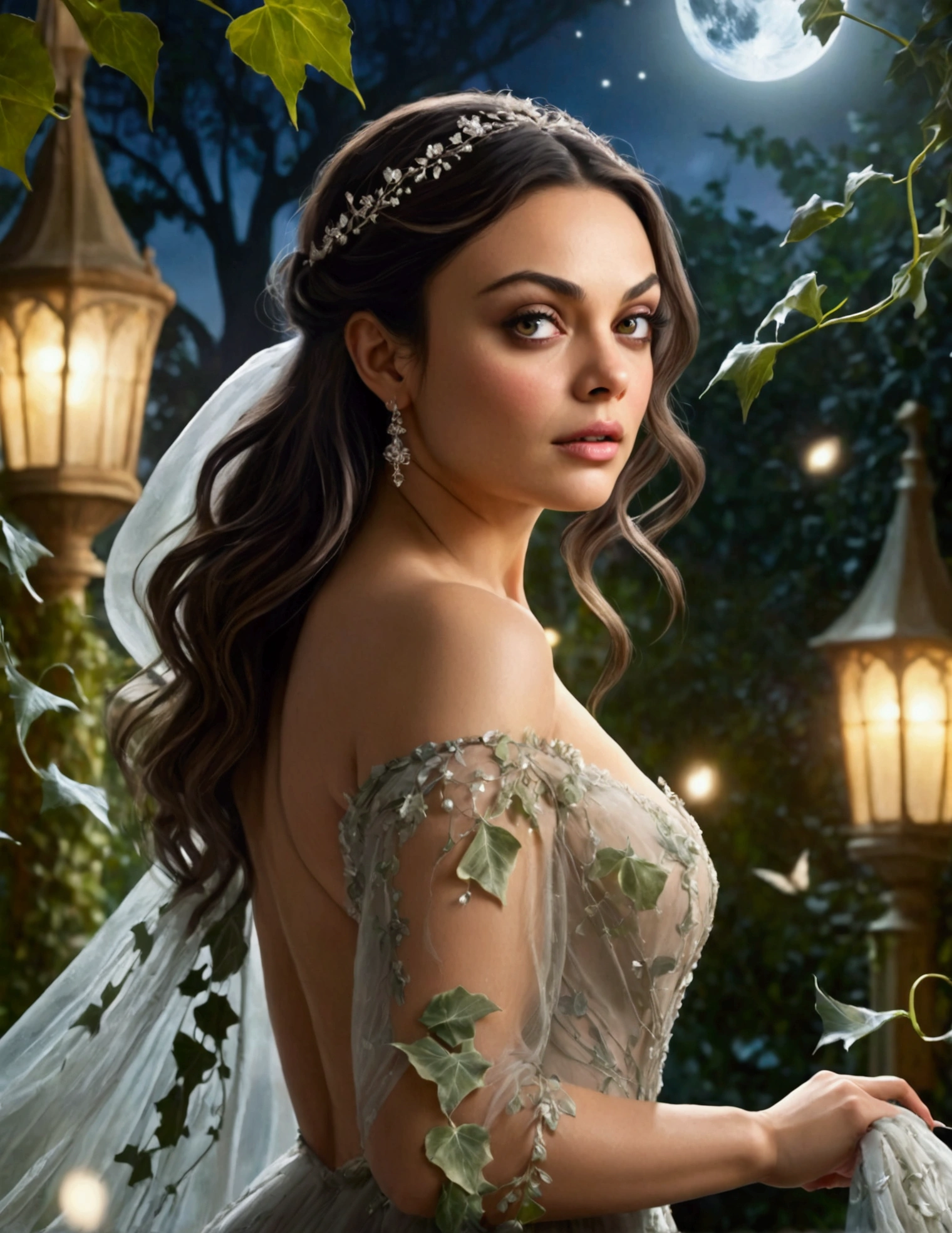 mila kunis, fairy tale princess, airy sheer gown nude underneath, dancing in moonlight, ivy garden, magical beauty, detailed face, beautiful eyes, long eyelashes, flawless skin, elegant pose, ethereal, dreamlike, fantasy, soft lighting, dramatic shadows, vibrant colors, cinematic, digital art, highly detailed, photorealistic, 8k, masterpiece