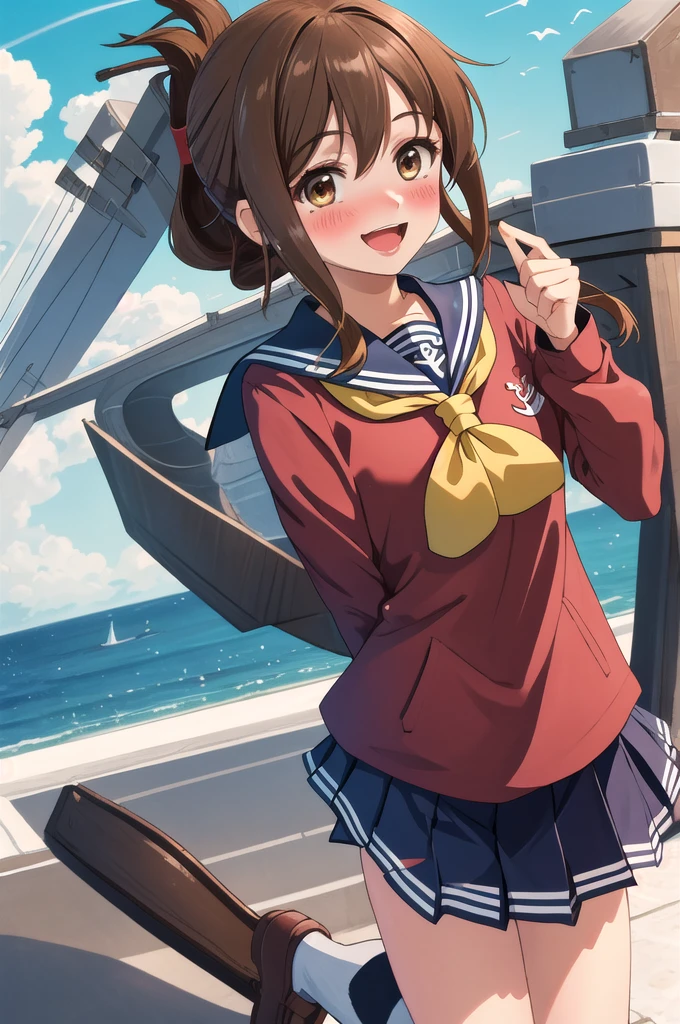 Highest quality, masterpiece, High resolution, alone, {inazuma_Fleet Collection:1.15}, brown_hair, Folded_ponytail, brown_eye, length_hair, blush, Open_mouth, smile, Sailor suit