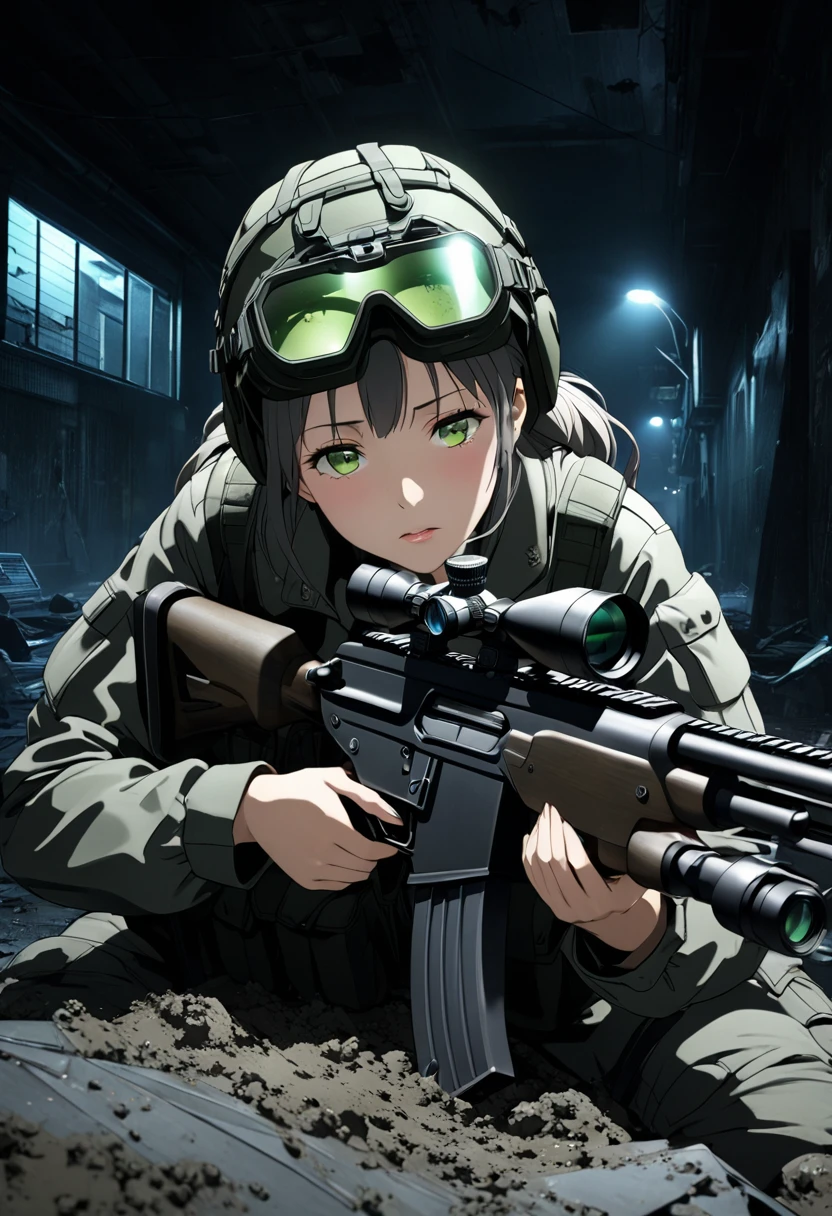 Ultra-high resolution 3D CG art,A modern soldier girl is sniping at night,Girls are modern snipers,Her hair is short and chestnut.On his head he wears an urban camouflage helmet,Urban camouflage is a mixture of black and grey. the kind worn by modern soldiers Put on night vision goggles 、Wearing modern soldier uniforms in urban camouflage and carrying military backpacks,Possess a long-range sniper rifle 、she is lying face down on the ground on the roof of an abandoned building, looking through the scope of a rifle.Tension, nervousness,The girl was covered in mud and dust.Night vision goggles green light afterglow effect,The beautiful depiction and luster of the rifle,A perspective of a girl seen from diagonally in front,(High quality,high resolution, masterpiece, best quality4k, 8k.1.2)Ultra detail,Ultra-fine painting,Super Fine View,