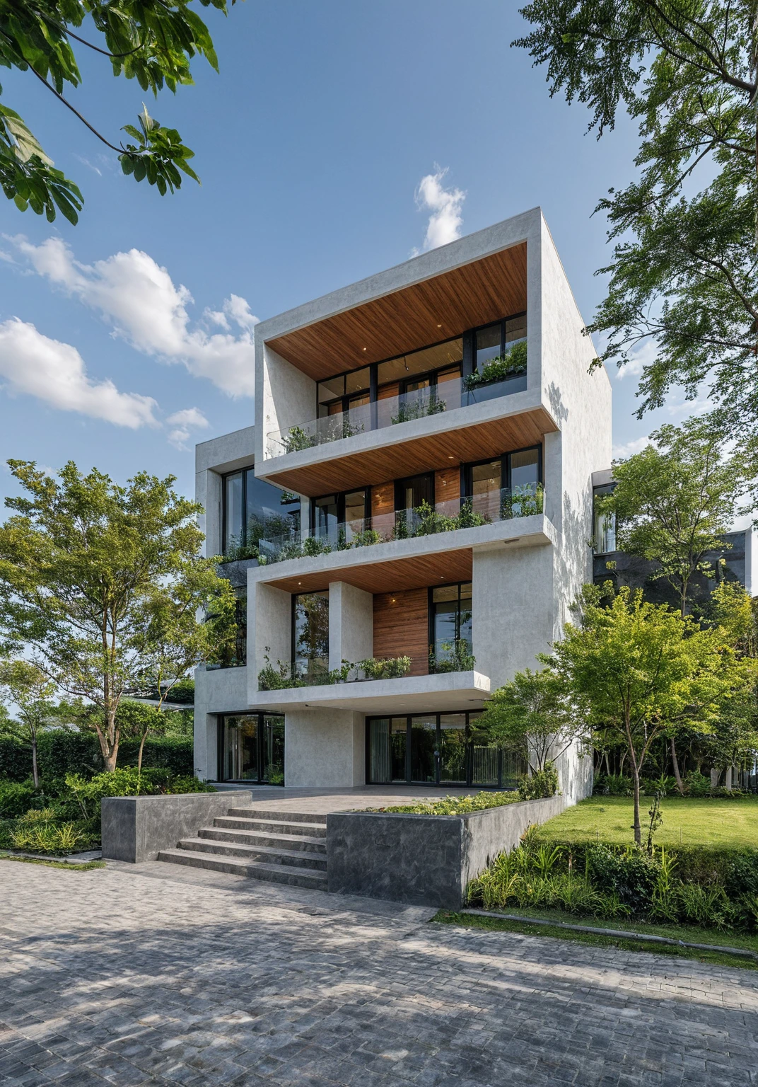 Masterpiece, high quality, wooden louvers, best quality, authentic, super detail, outdoors, onestoreyvillaXL, aiaigroup, house style modern on the street ,stairs, white wall ,road,pavement, grass, trees, sky, cloud, (daylight:1.1)
